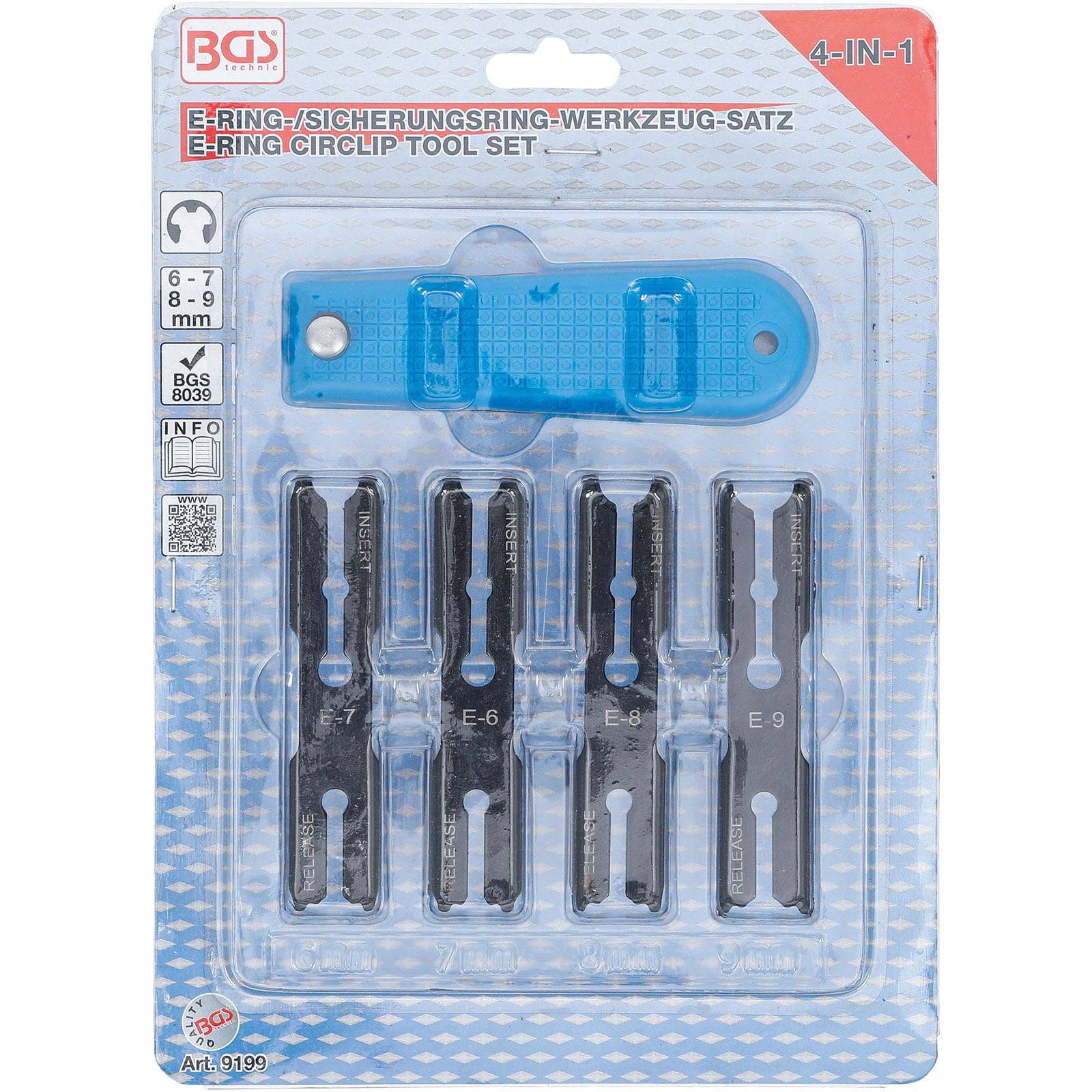 E-Ring-Sicherungsringzangen-Set 6-9 mm umfasst einen blauen Griff und schwarze Werkzeugteile. Mit Beschriftung '4-IN-1' und Artikelnummer ART. 9199.