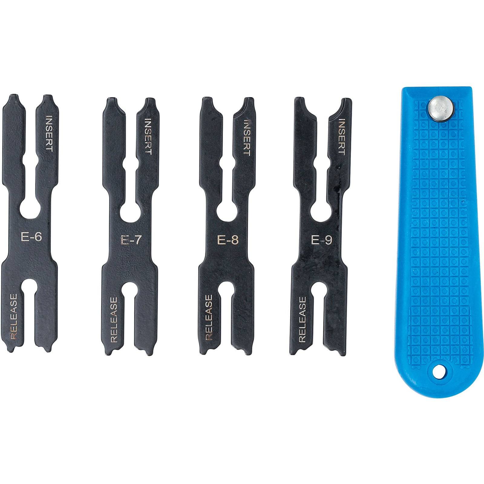 Viererpack schwarzer Klemmlösewerkzeuge, beschriftet mit E-6, E-7, E-8 und E-9, mit einem blauen Griffwerkzeug zum Einsetzen.