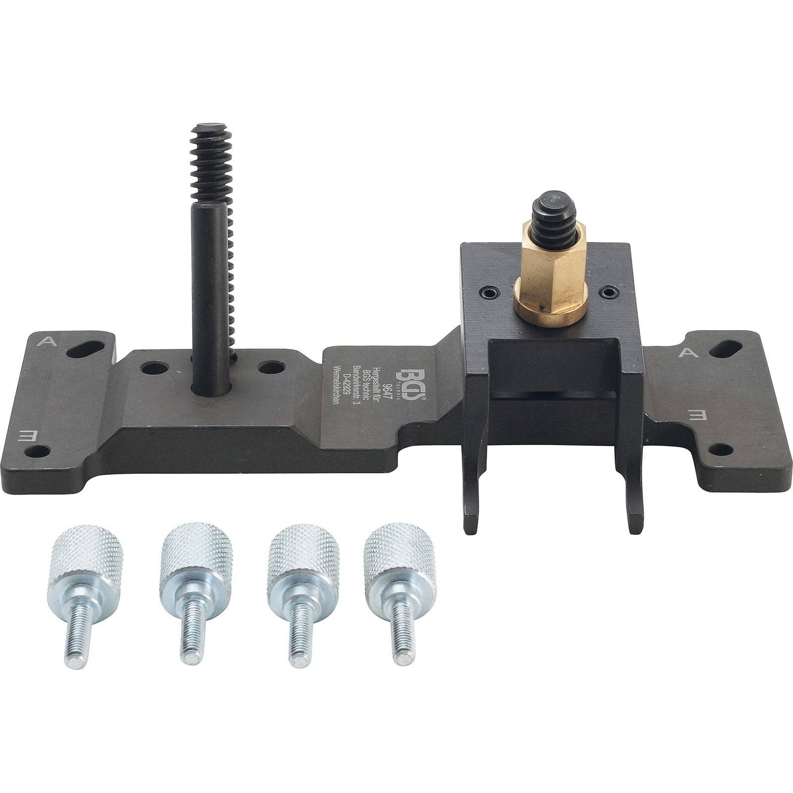 Motoreinstellwerkzeug-Set für präzise Ausrichtung von Nockenwelle und Kurbelwelle. Umfasst vier silberne Stifte und eine schwarze Halterung mit einer Schraube.