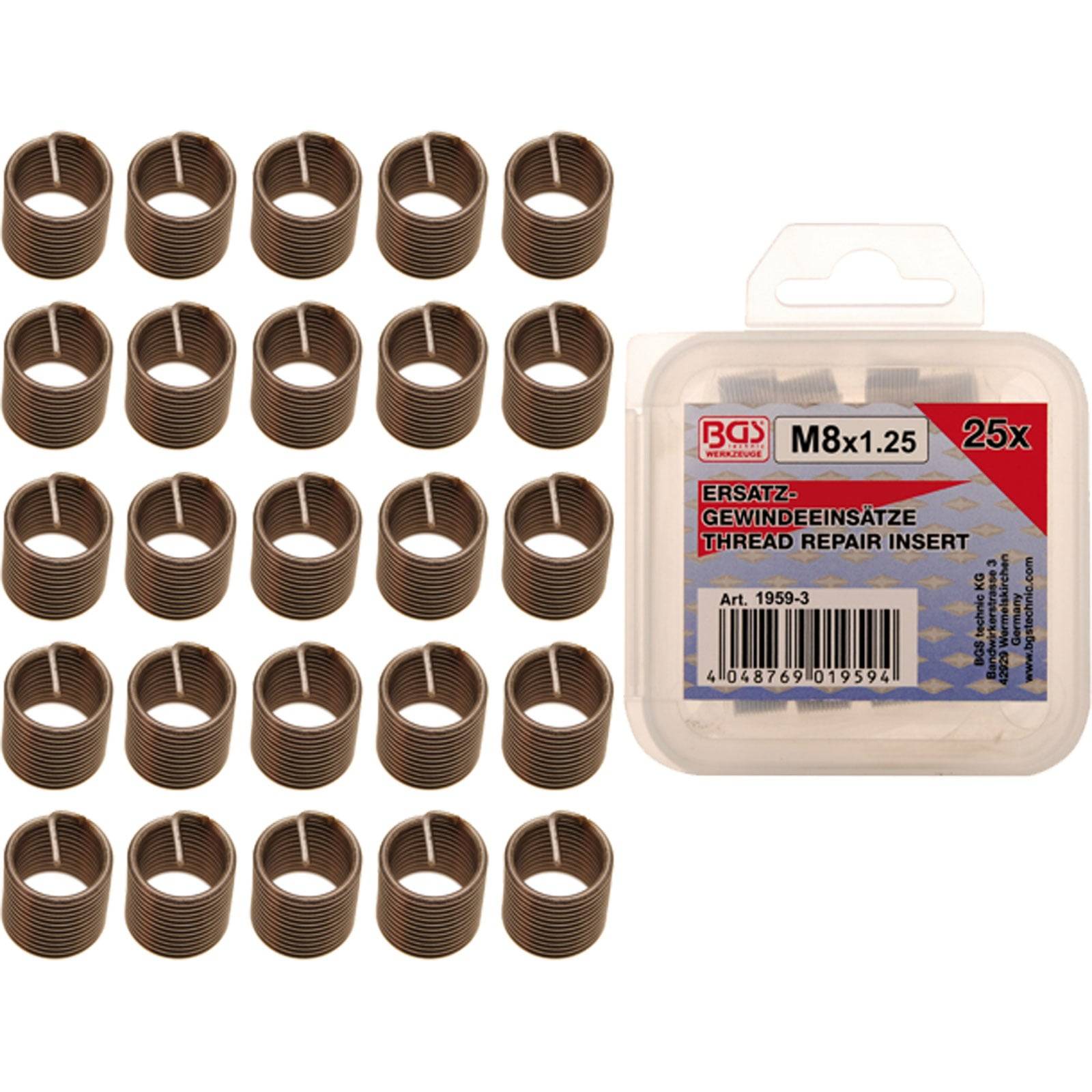 Das Set 'Gewindeeinsatz M8x1.25' enthält 25 Gewindeeinsätze in transparenter Verpackung. Auf der linken Seite sind einzelne Metalspiralen angeordnet.