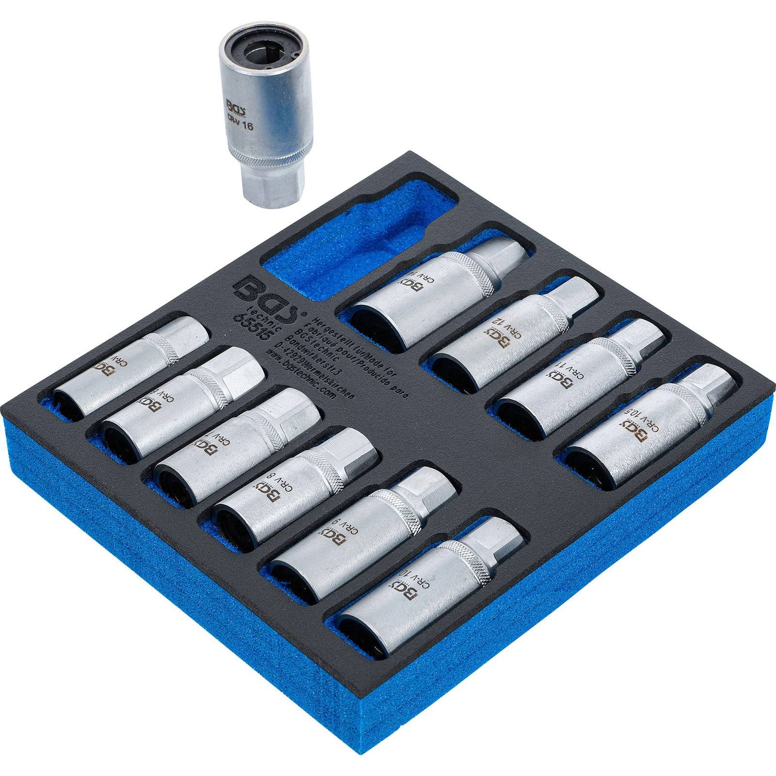 Ein Set aus 10 BGS-Steckschlüsseln in einem blauen Schaumstoffkoffer, ausgestattet mit verschiedenen Größen für mechanische Anwendungen.