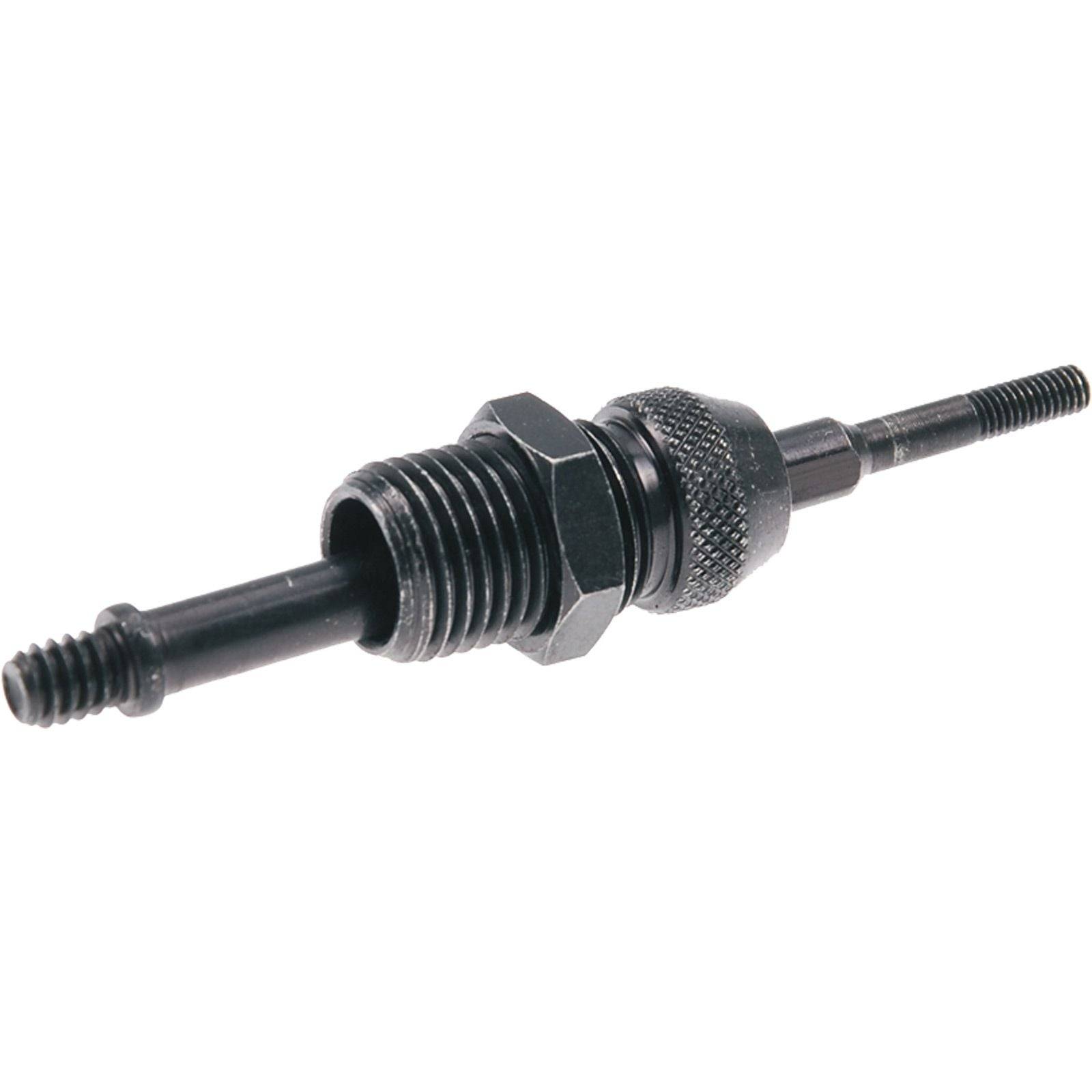 Nahaufnahme eines metallischen, schraubenförmigen Werkzeugs mit doppeltem Gewinde an den Enden, wahrscheinlich für mechanische Zwecke oder Reparaturen verwendet.