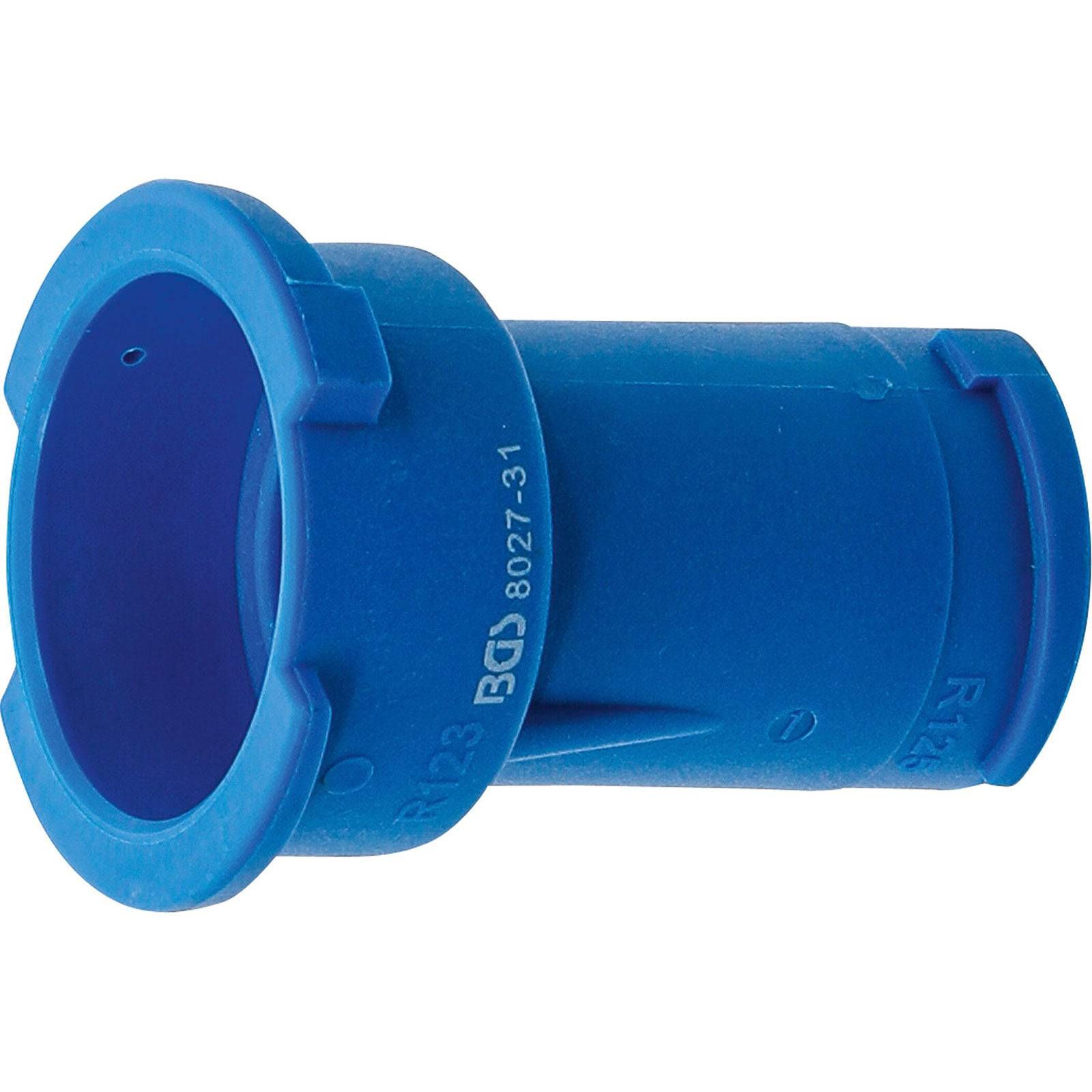 Ein blauer Plastikzylinder mit gerillten Kanten, der einer mechanischen oder Klempnerkomponente ähnelt, vor einem weißen Hintergrund.