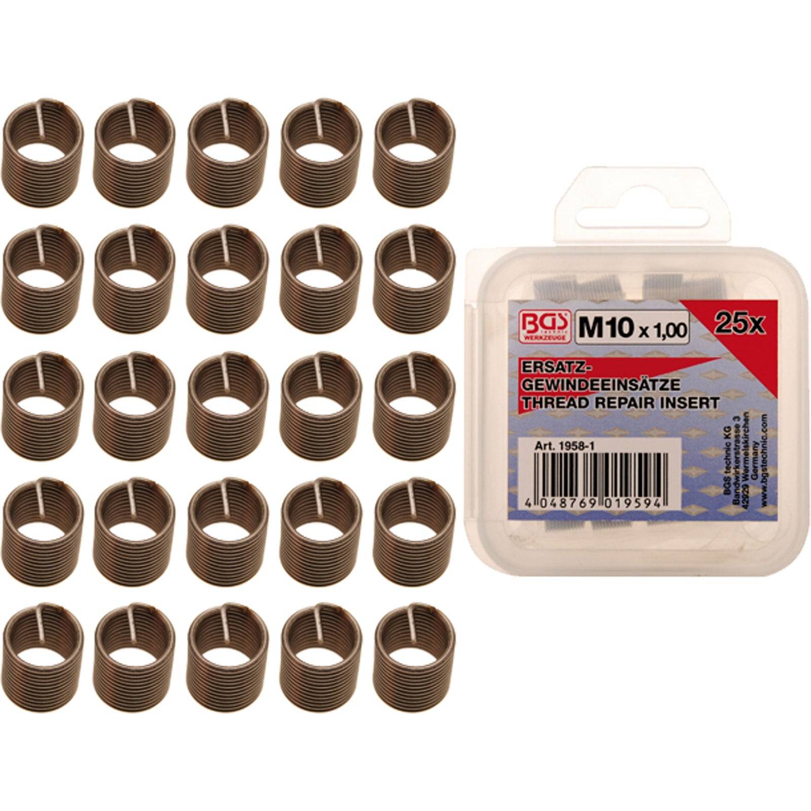 Gewinde-Reparatur-Einschraub-Set, 25 Teile, Größe M10x1.00, in einem transparenten Kunststoffkoffer aufbewahrt. Inklusive Produktbeschreibung und Barcode.