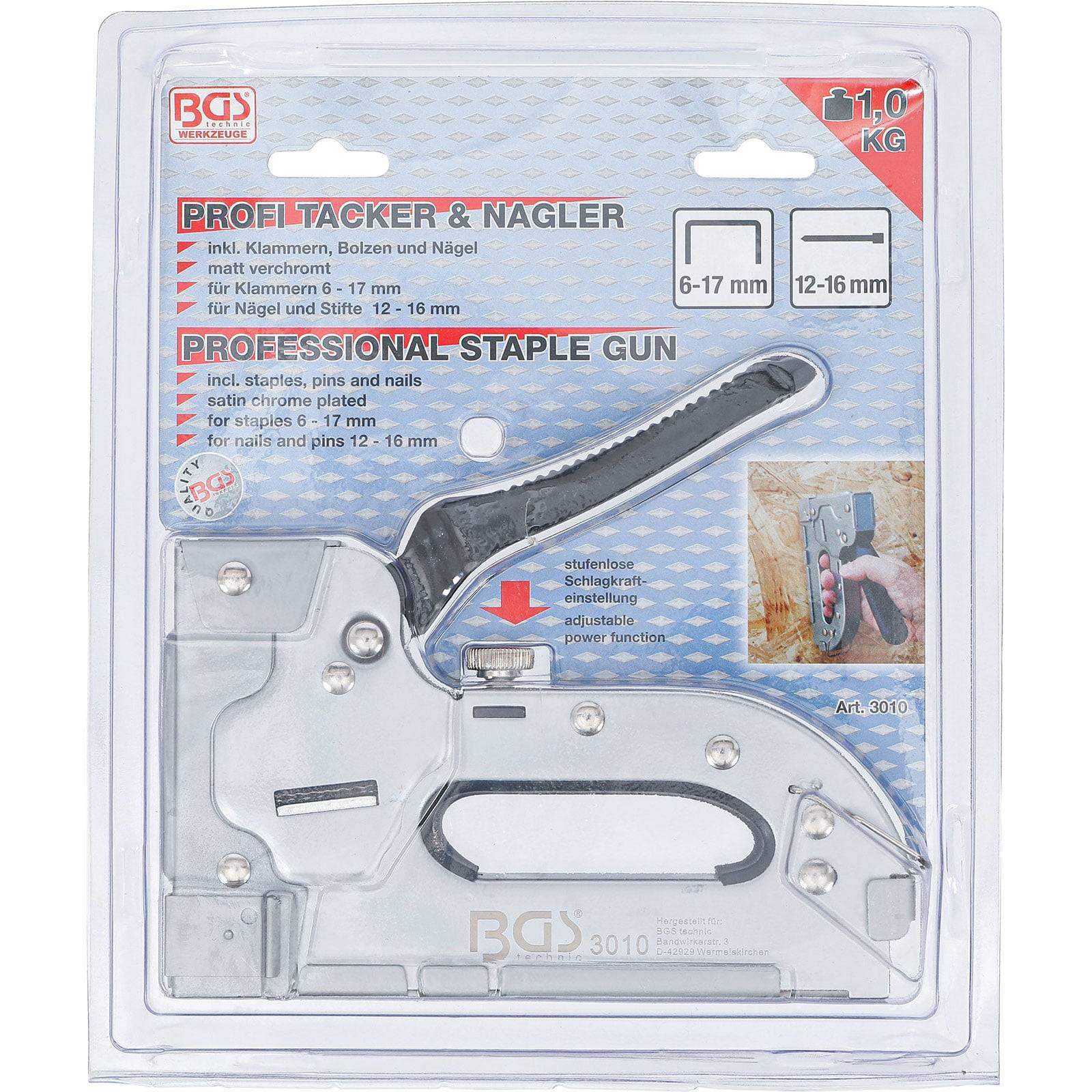 Eine Metallhandtacker in Verpackung, beschriftet mit 'Professioneller Handtacker', geeignet für 6-17mm Klammern; inklusive Werkzeug-Verwendungsabbildung.