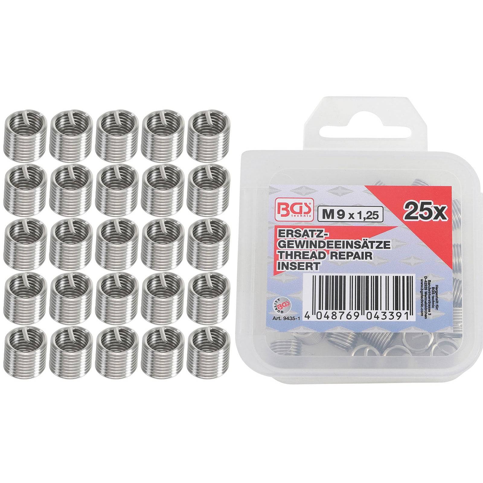 25x M9 x 1,25 Gewinde-Reparatureinsatz mit mehreren sichtbaren Metalleinsätzen. Entwickelt zur Reparatur beschädigter Gewinde.