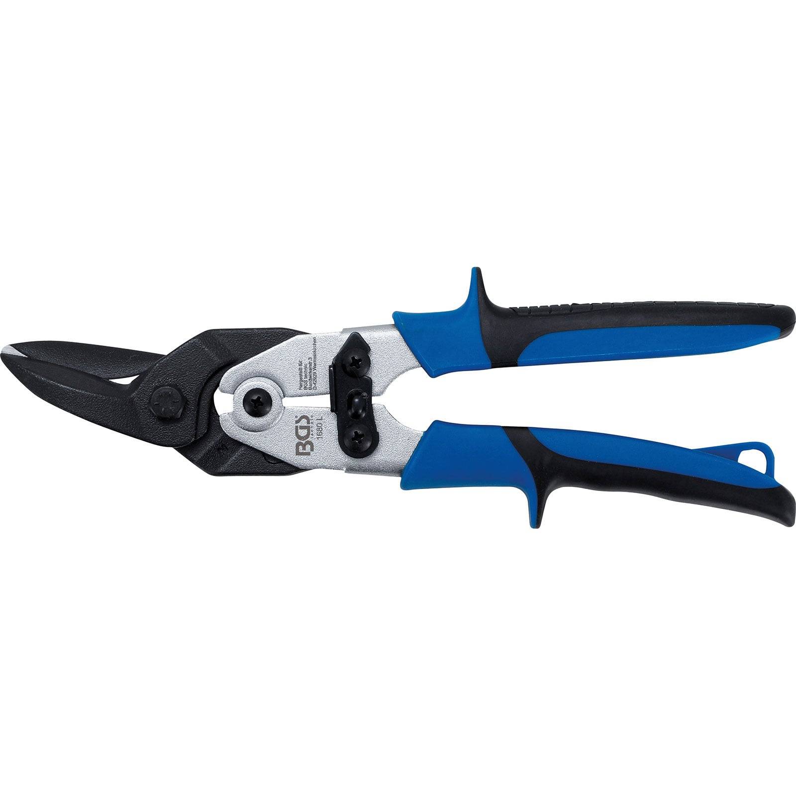 Metall-Aviation-Schere mit blauen und schwarzen Griffen, zum Schneiden von Blech, mit scharfer Klinge und ergonomischem Griff.