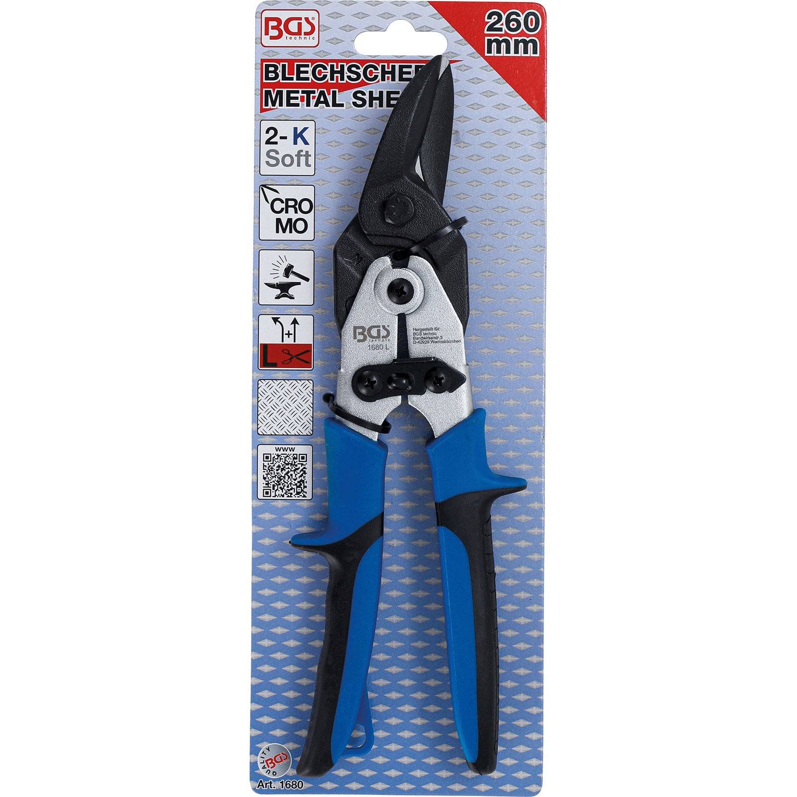 BGS Metallschere, 260 mm, 2-K Weichgriff, Cro-Mo-Material, dargestellt in ihrer Verpackung mit blauen und schwarzen Griffen.
