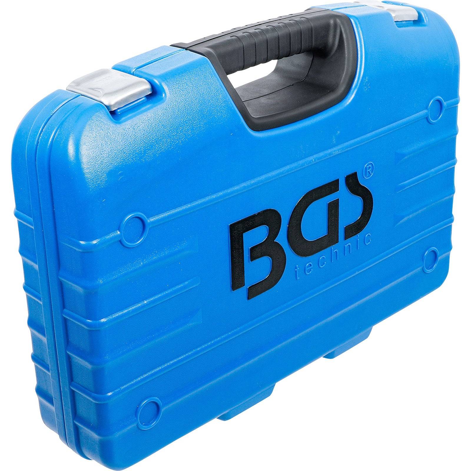 Blauer Werkzeugkoffer mit schwarzem Griff und BGS-Branding an der Seite.