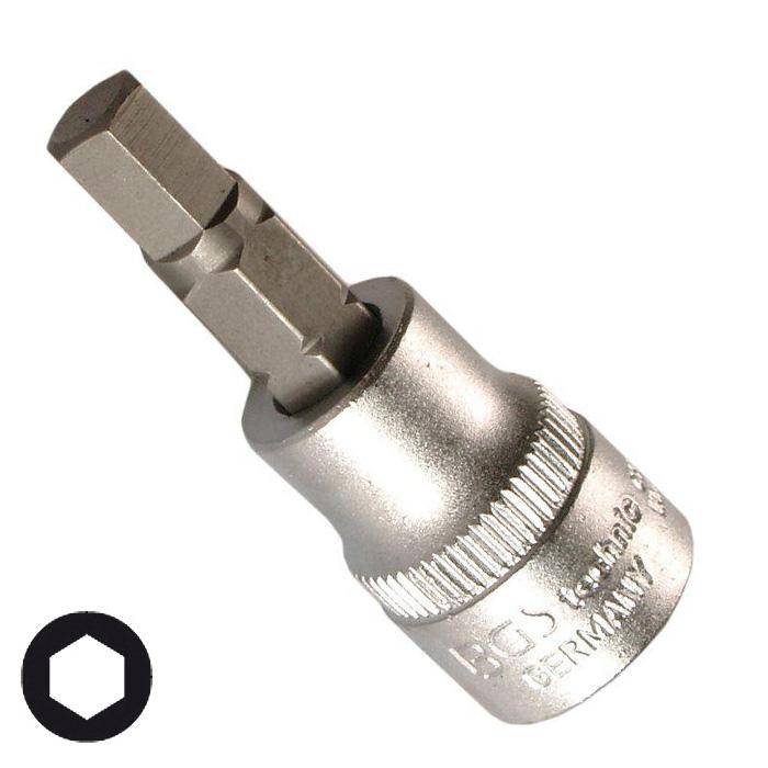 Adapter für Innensechskant-Bits mit 1/2-Zoll-Antrieb, gezeigt auf weißem Hintergrund mit kleinem Innensechskant-Symbol.