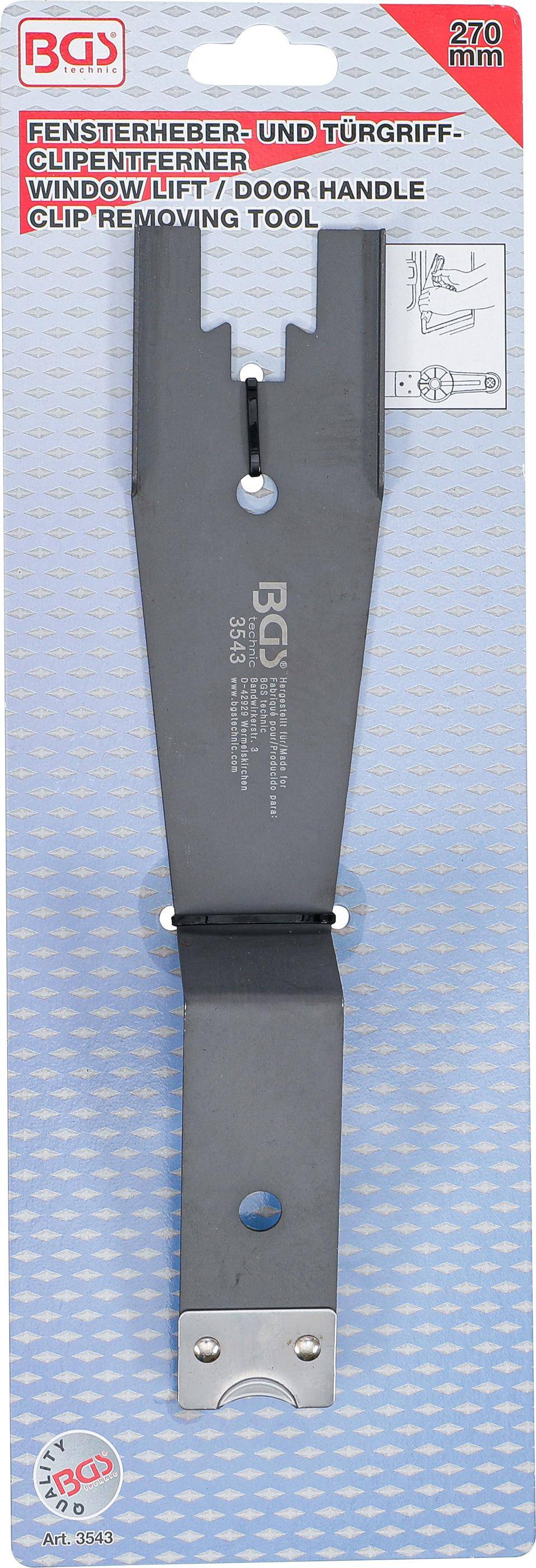 Ein schwarzes Kunststoff-Werkzeug mit der Beschriftung 'BGS Technic 3543', das einen keilartigen Verkleidungsabnahme-Werkzeug kennzeichnet, liegt auf einer strukturierten Oberfläche.