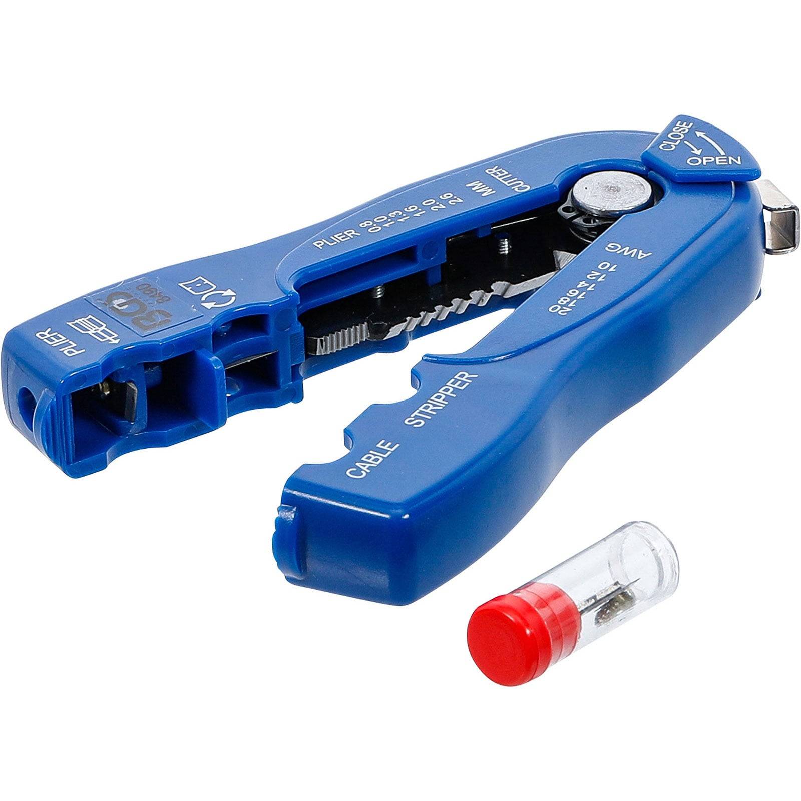 Ein blaues Kabelabisolierwerkzeug mit Messskalen wird neben einem kleinen durchsichtigen Behälter mit rotem Deckel gezeigt.