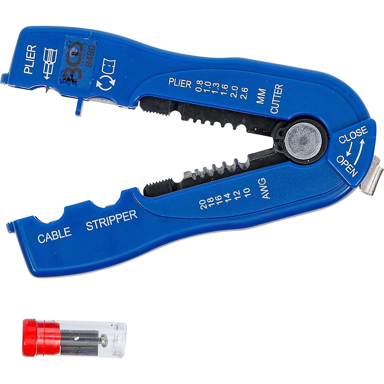 Abisolierwerkzeug mit verschiedenen Ausschnittöffnungen, nach Drahtdurchmesser beschriftet, geöffnet dargestellt mit einem Schließ- und Öffnungsschalter, neben einem kleinen Fläschchen.