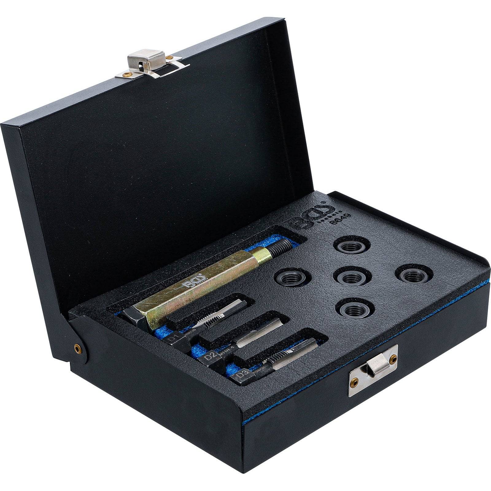 Ein schwarzer Werkzeugkoffer, der einen Gewindereparatursatz enthält, bestehend aus Gewindebohrern, Gewindeeinsätzen und einem Schraubenschlüssel, sorgfältig in einer maßgefertigten Schaumstoffeinlage angeordnet.
