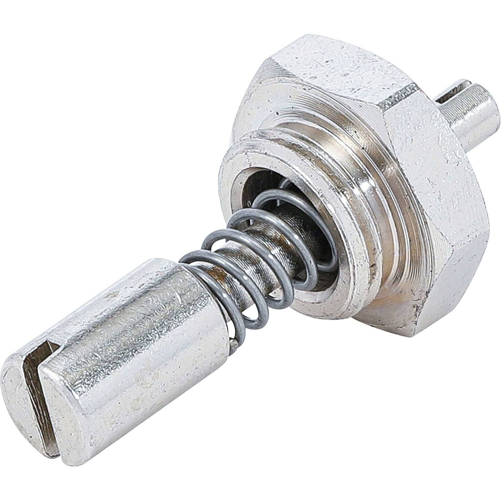 Ein Metallwerkzeug mit sechseckiger Form zum Entfernen von Ventileinsätzen, das einen federnden Mechanismus und einen zylindrischen Griff besitzt und zum Herausnehmen von Ventileinsätzen aus Reifenventilen verwendet wird.