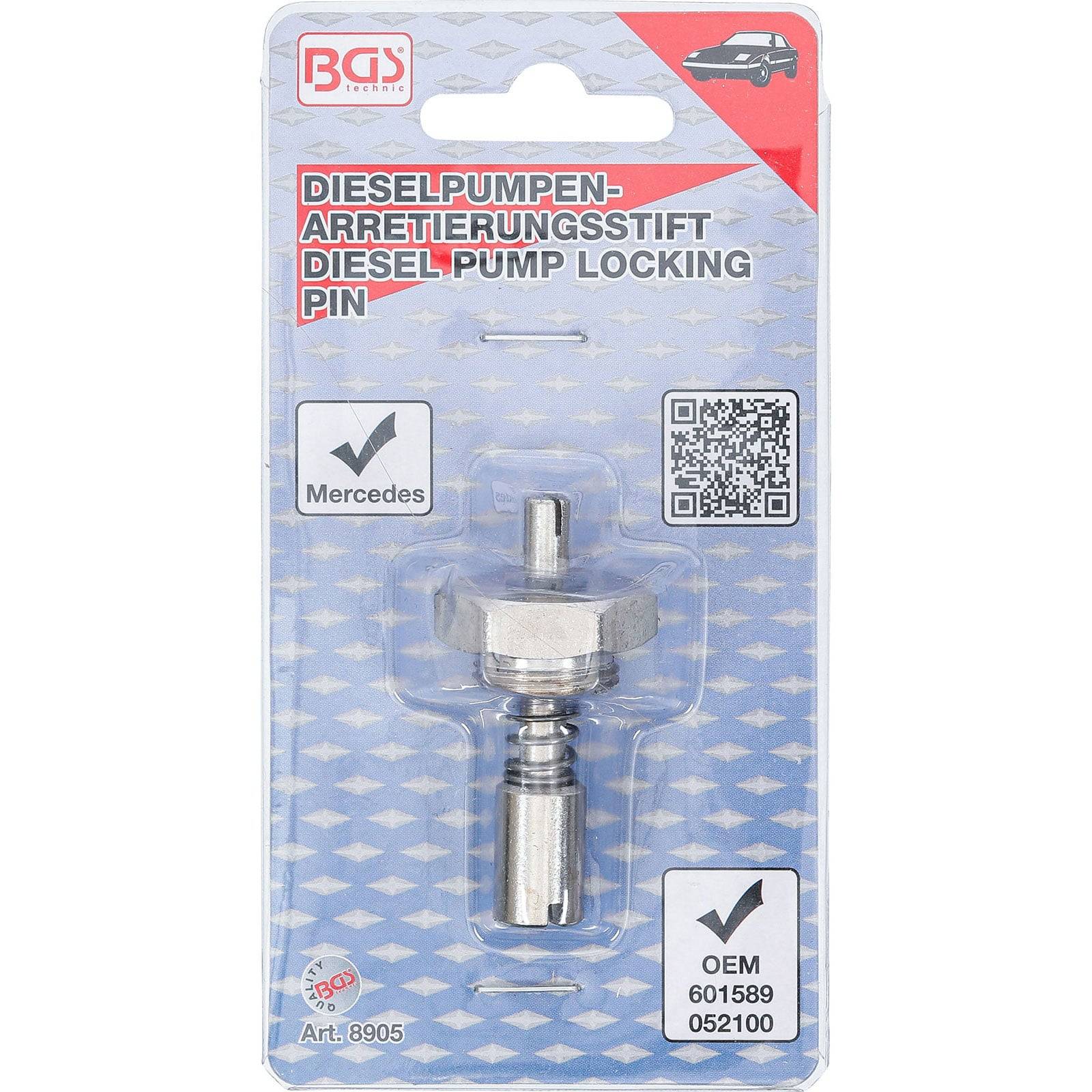 Dieselpumpen-Arretierbolzen-Verpackung mit Metalltool im Inneren. Enthält Mercedes-Logo, QR-Code und Text: 'OEM 601589 052100.