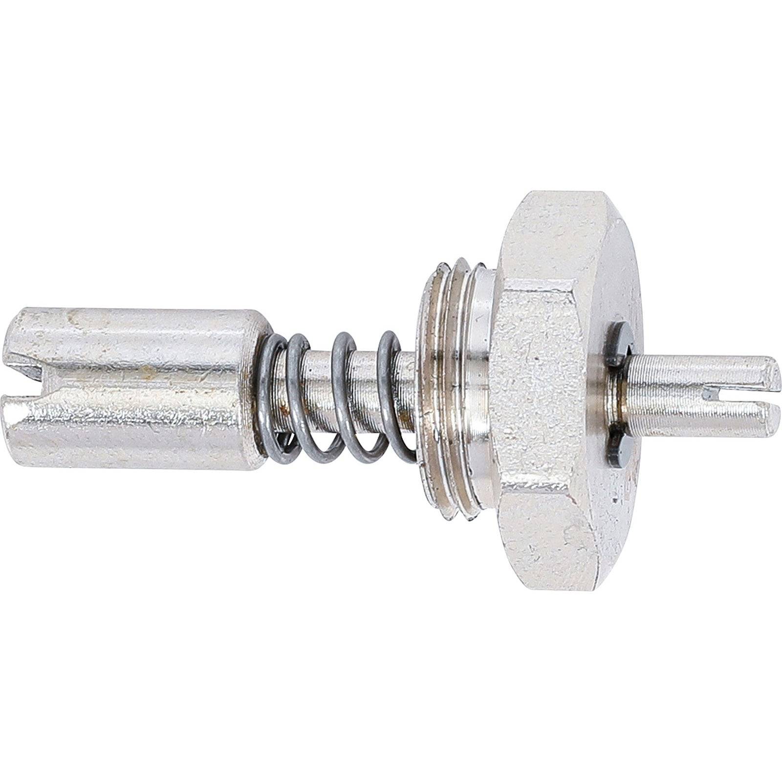 Eine Nahaufnahme einer metallischen Zündkerze, die den sechseckigen Körper, die Feder und die Elektrodenanordnung zeigt. Die Oberfläche ist glänzend und spiegelnd.