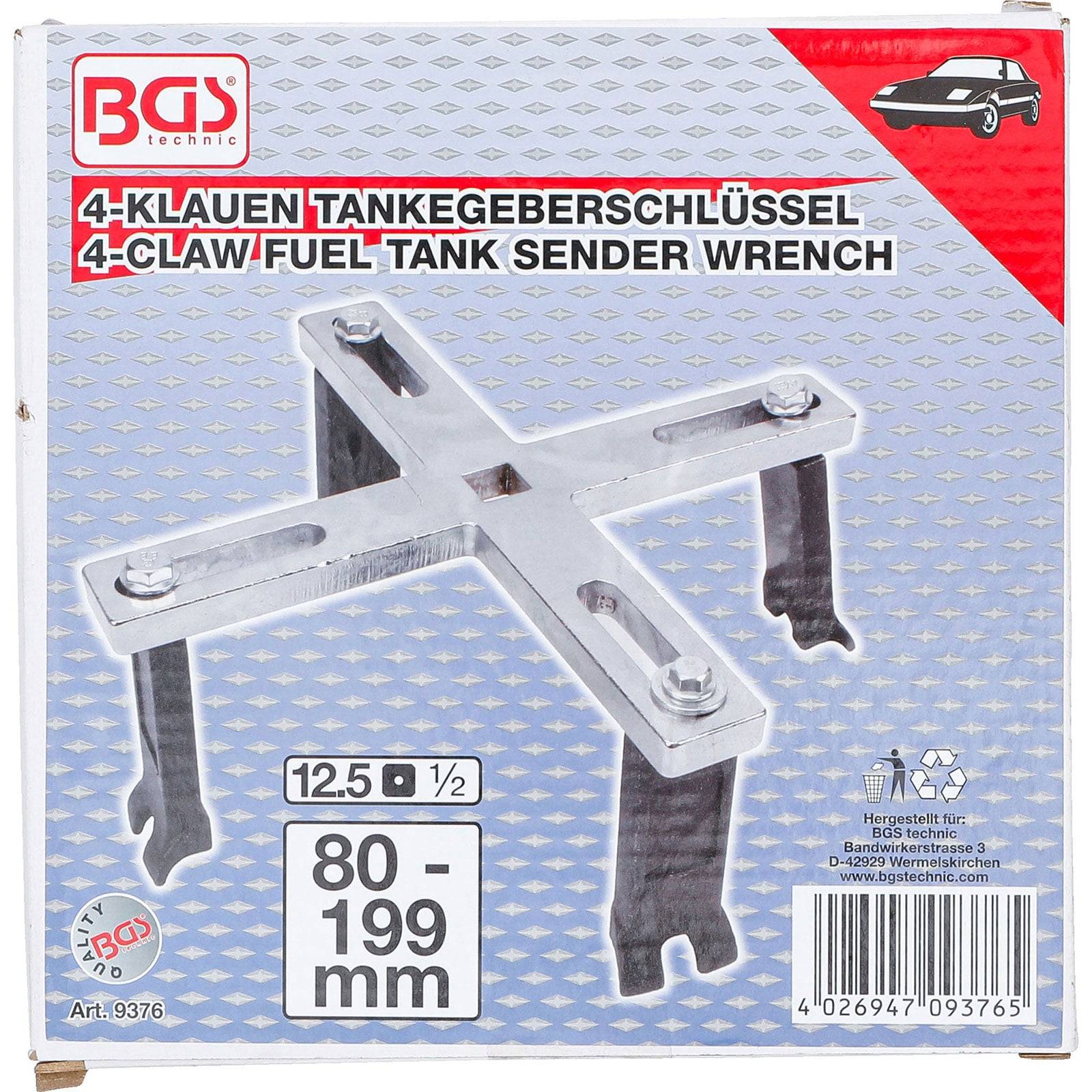 Ein silberner 4-Krallen-Kraftstofftank-Sendearmschlüssel mit verstellbaren Armen, auf einer Verpackung mit rotem und schwarzem Text und einem Auto-Symbol dargestellt.