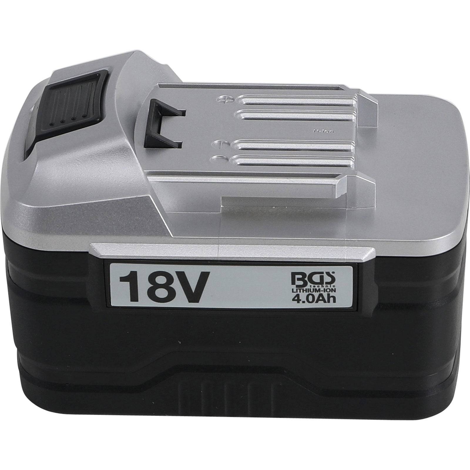 Eine schwarze und silberne BGS-Lithium-Batterie mit der Beschriftung „18V 4.0Ah