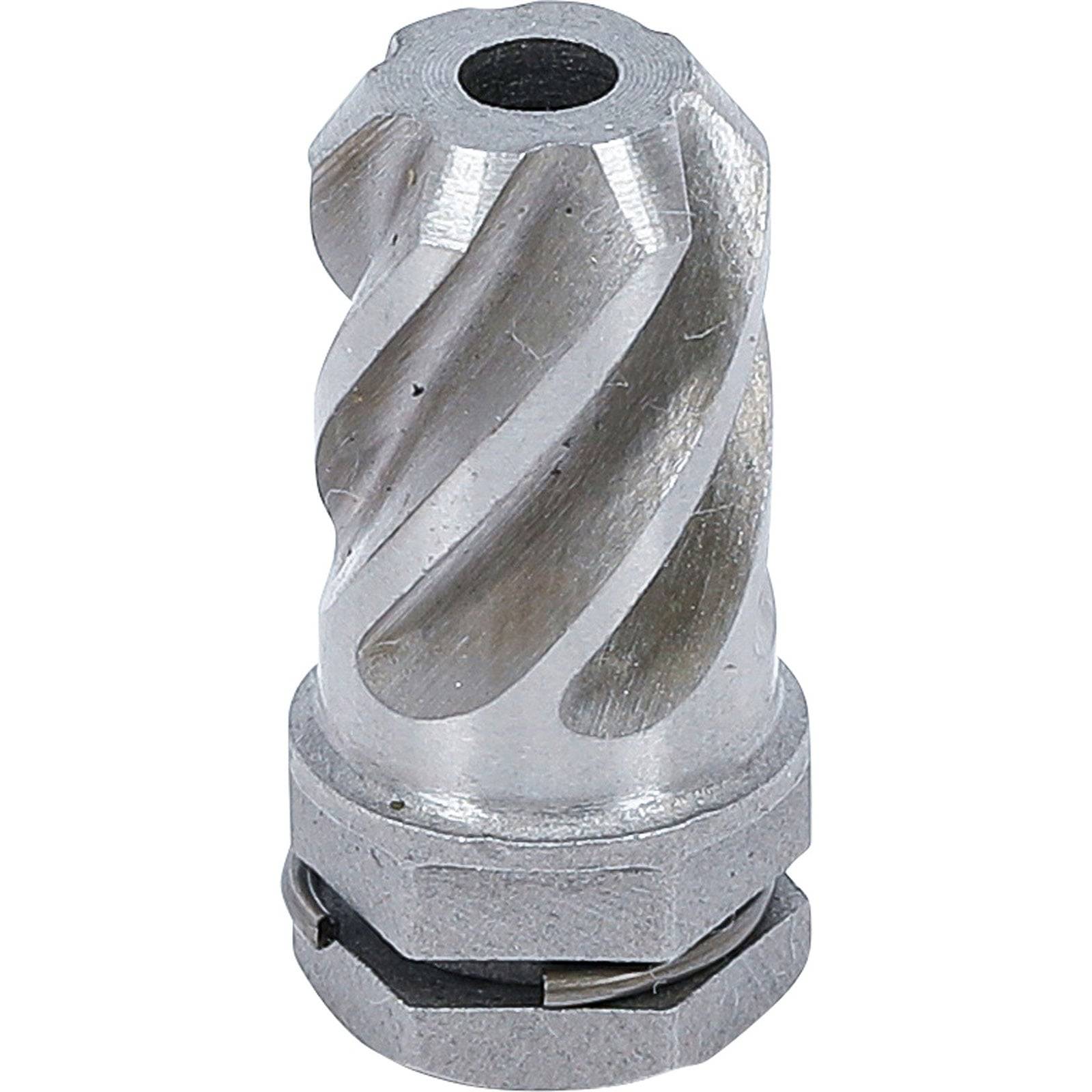 Ein Metallfräser mit Spiralrillen, der zum Schneiden oder Bohren verwendet wird, ist mit einer sechseckigen Basis für sichere Befestigung dargestellt.