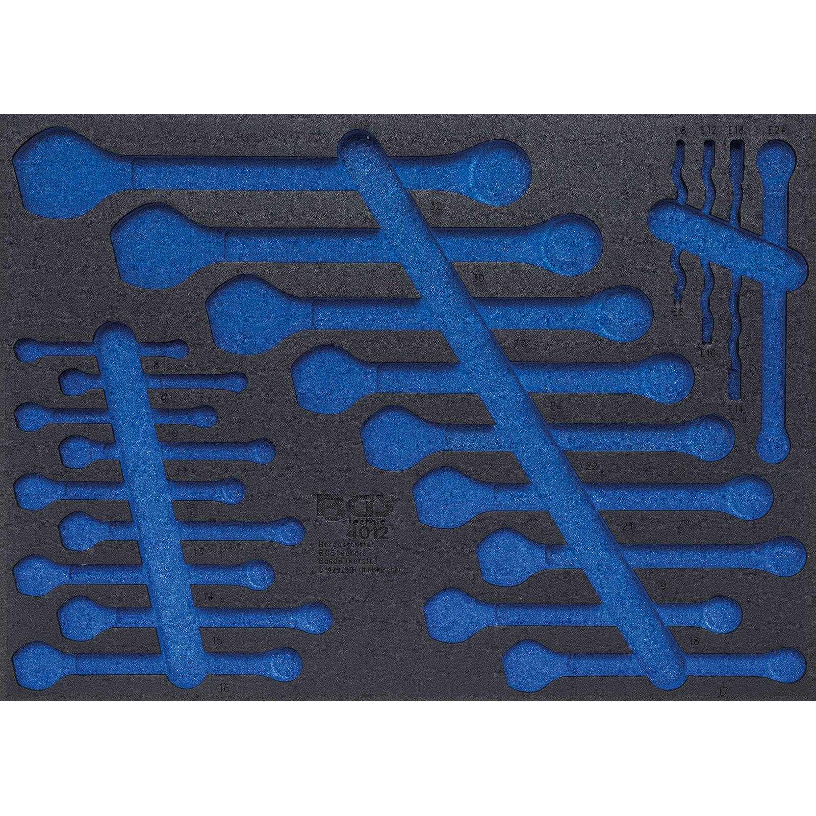 Ein Schaumstoff-Werkzeugorganizer mit mehreren blauen Vertiefungen, die für verschiedene Größen von Schraubenschlüsseln und Zangen ausgelegt sind und mit Werkzeuggrößen beschriftet sind.