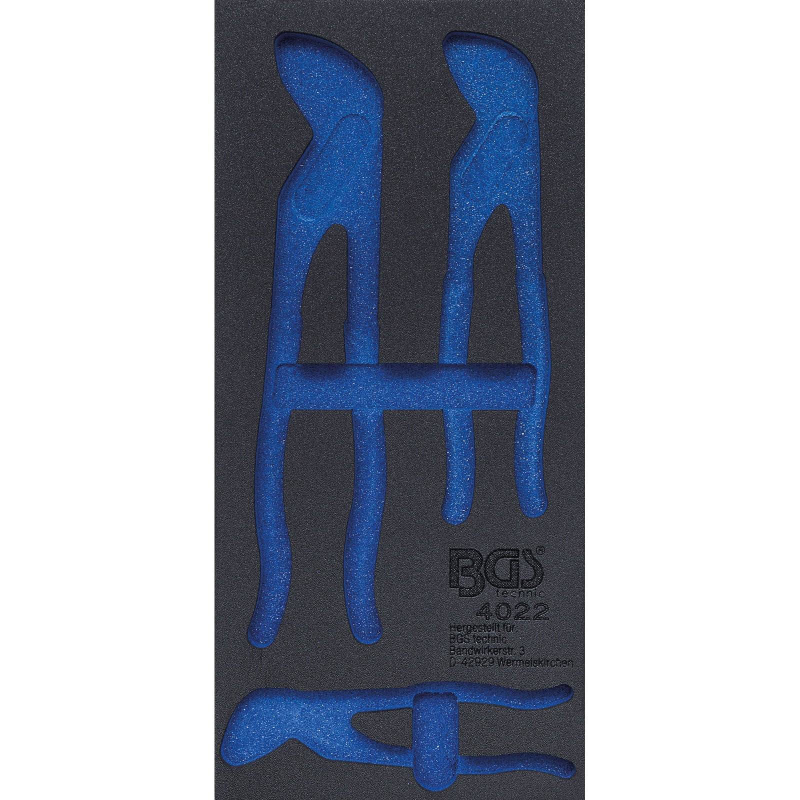 Blaue Zahnarztzangen, sorgfältig in einem schwarzen Schaumstoffhalter angeordnet, die die Form und Aufbewahrungsanordnung des Instruments präsentieren.