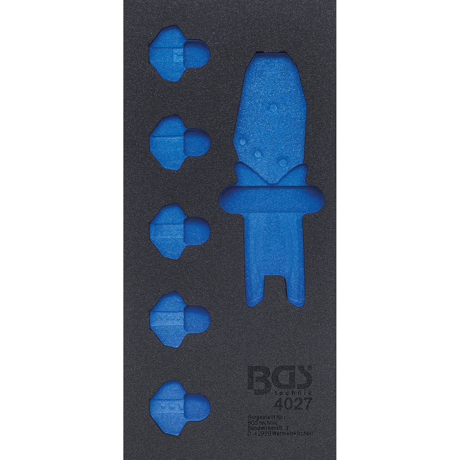 BG technic 4027 Werkzeugsatz mit blauen Socketeinsätzen auf dunklem Hintergrund. Enthält fünf kleinere Sockel und einen größeren Sockel.