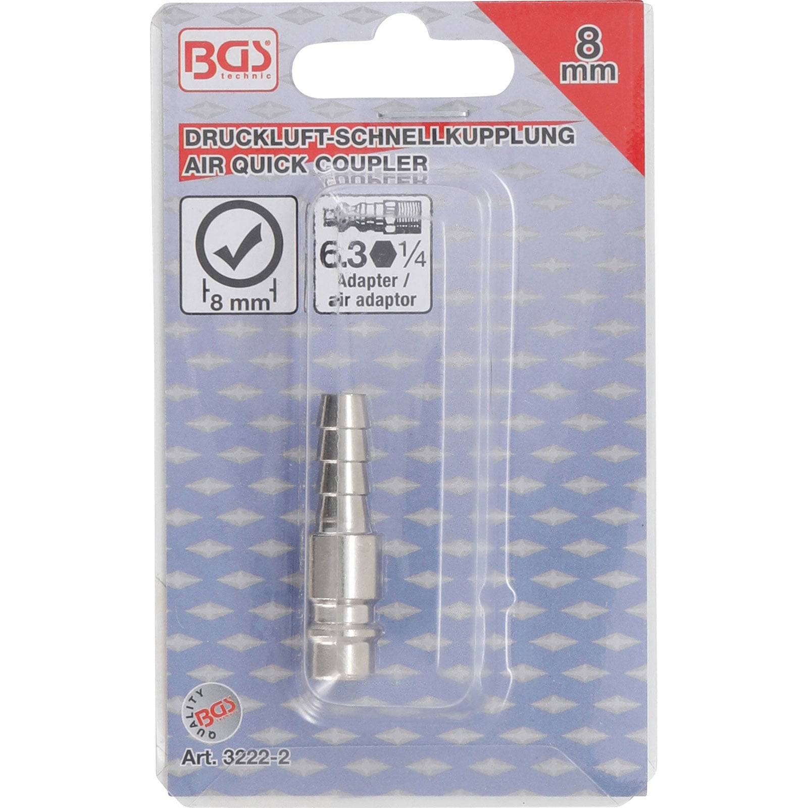 Schnellkupplung für 8-mm-Adapter, BGS-Markenverpackung, metallic Finish, Teilenummer 3222-2, in Englisch und Deutsch beschriftet.