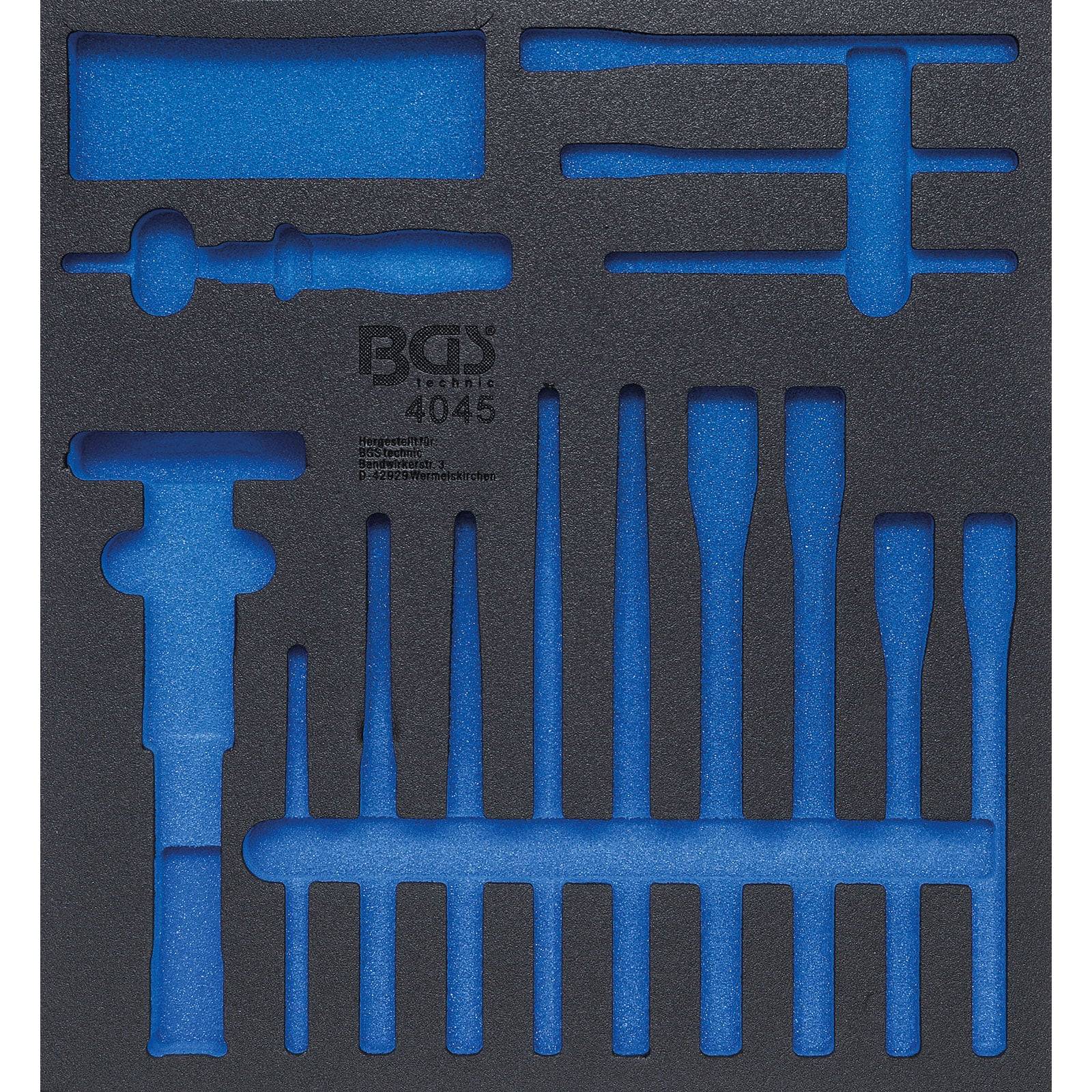 Blauer Schaumstoffeinsatz mit Ausschnitten für verschiedene Werkzeuge, einschließlich Hämmer und Meißel. Das BGS-Logo und die Modellnummer 4045 sind sichtbar.