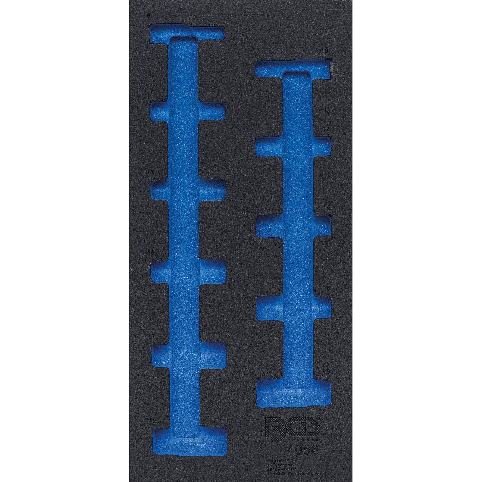 PCS 4058 Schaumstoff-Organizer mit Aussparungen für vierzehn Schraubenschlüssel, nummerierte Plätze von 6-19. Blaues Schaumstoff mit schwarzem Hintergrund.
