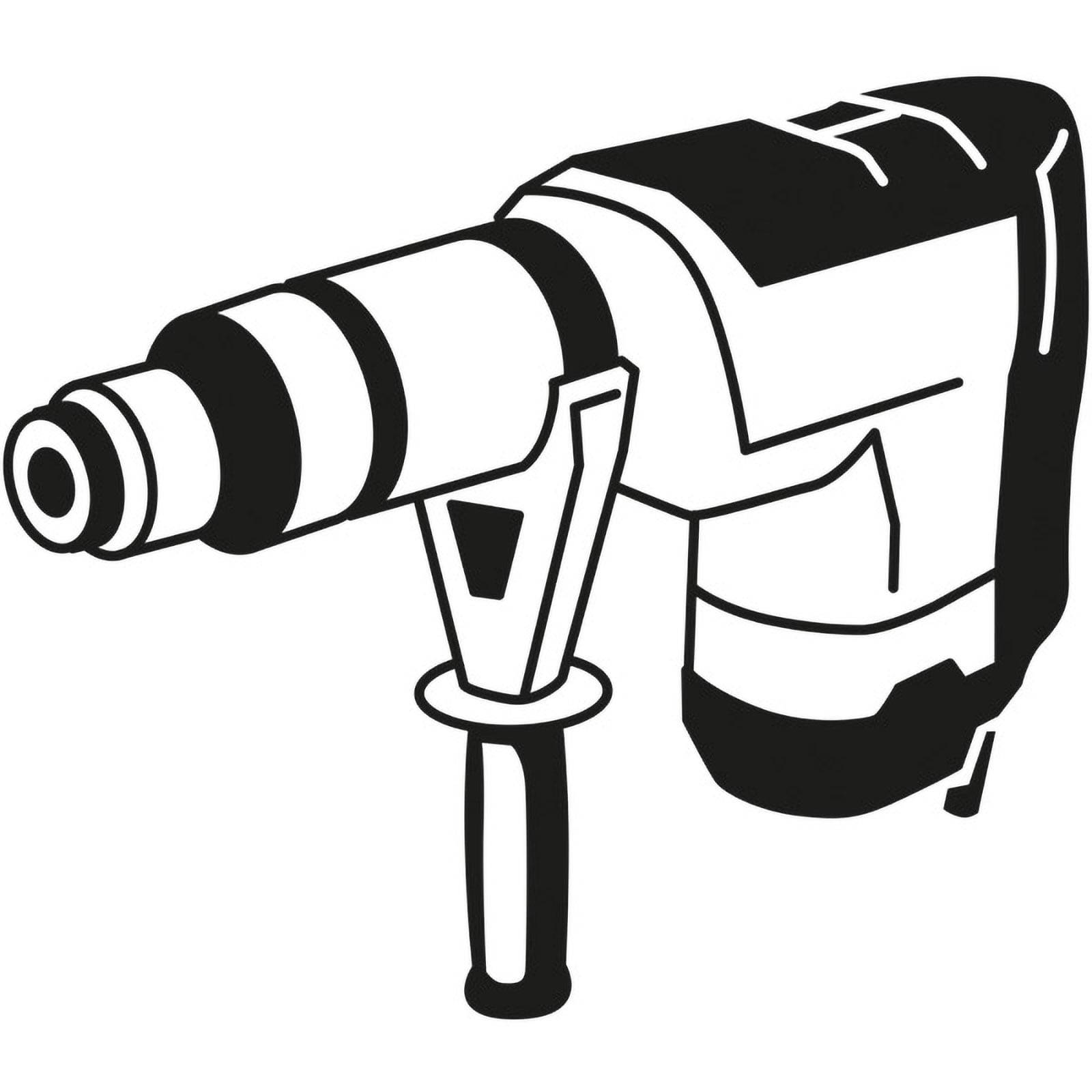 Eine schwarzweiße Illustration einer Bohrmaschine, die einen Griff und einen Bohrer zeigt und dabei das Design und die Funktionalität des Werkzeugs betont.