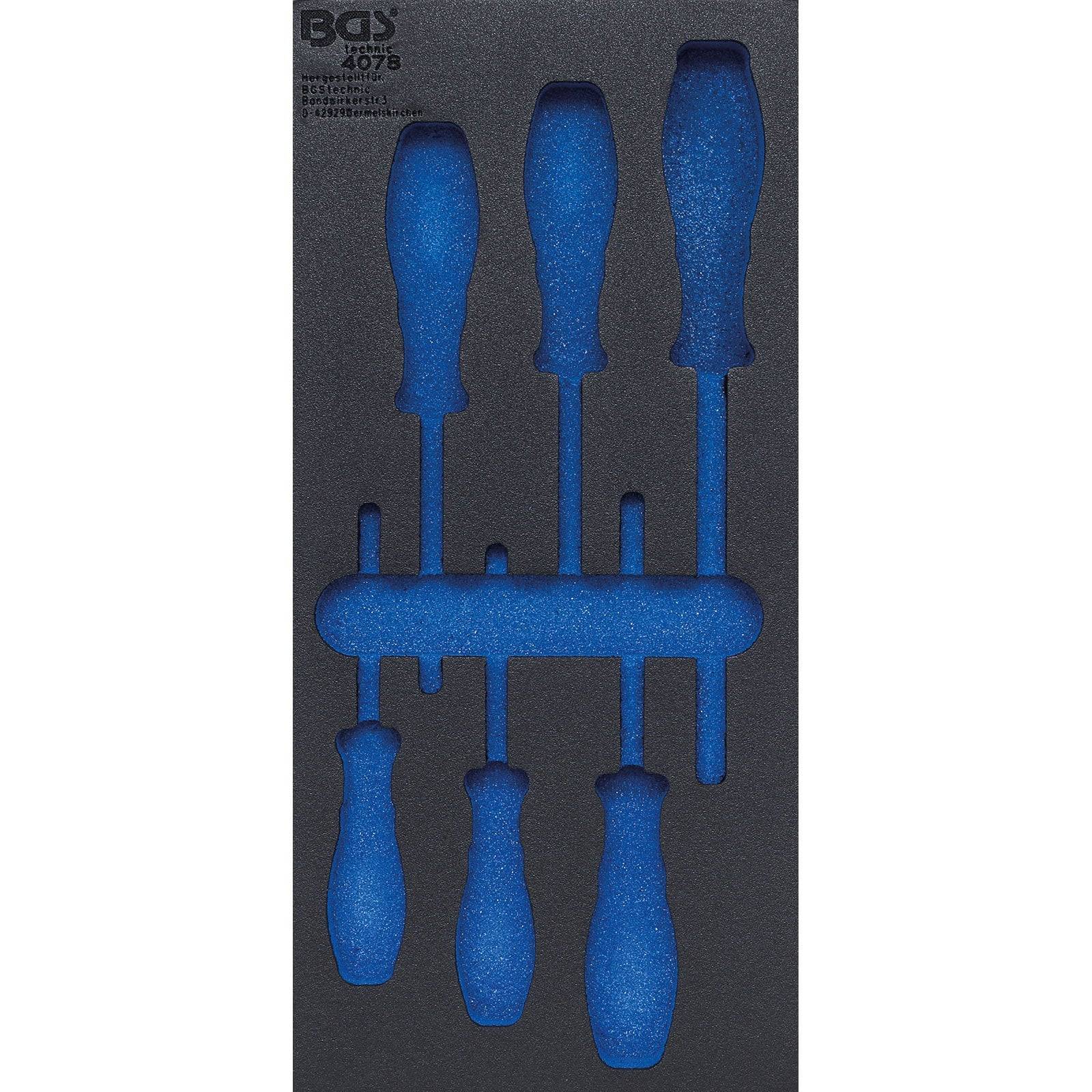 Ein Satz von sechs Schraubenziehern mit blauen Griffen, die sicher in einem schwarzen Schaumstoff-Organizer für einfache Lagerung und Transport angebracht sind.