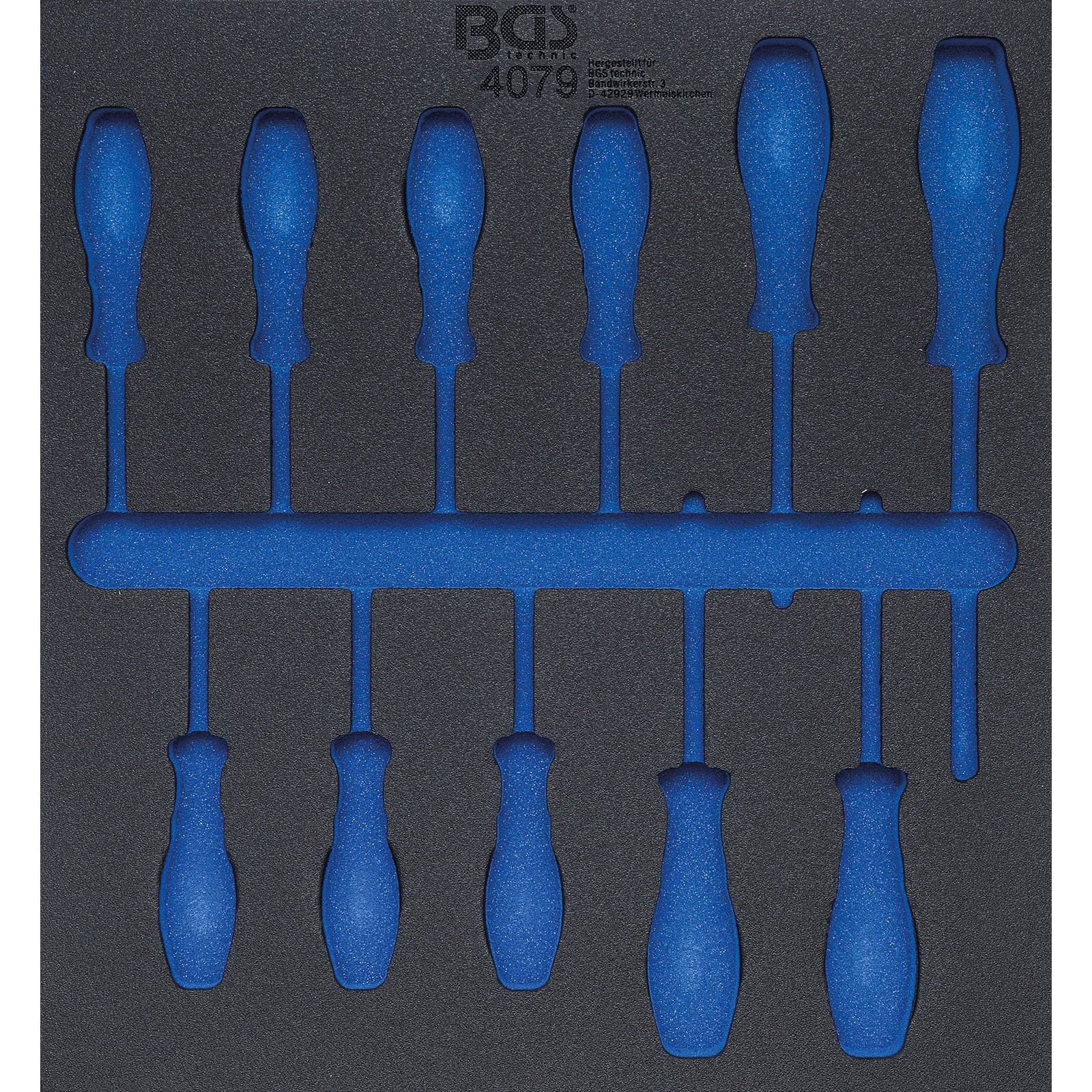 Ein Schaumstoff-Einlagehalter mit Schlitzen, die für acht Schraubendreher konzipiert sind und eine übersichtliche Organisations- und Aufbewahrungslösung präsentieren.