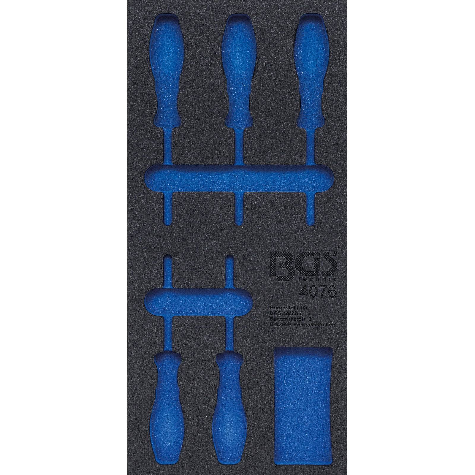 Satz dunkelblauer Schraubendreher in einem schwarzen Schaumstoff-Aufbewahrungskoffer mit Platz für sechs Werkzeuge.