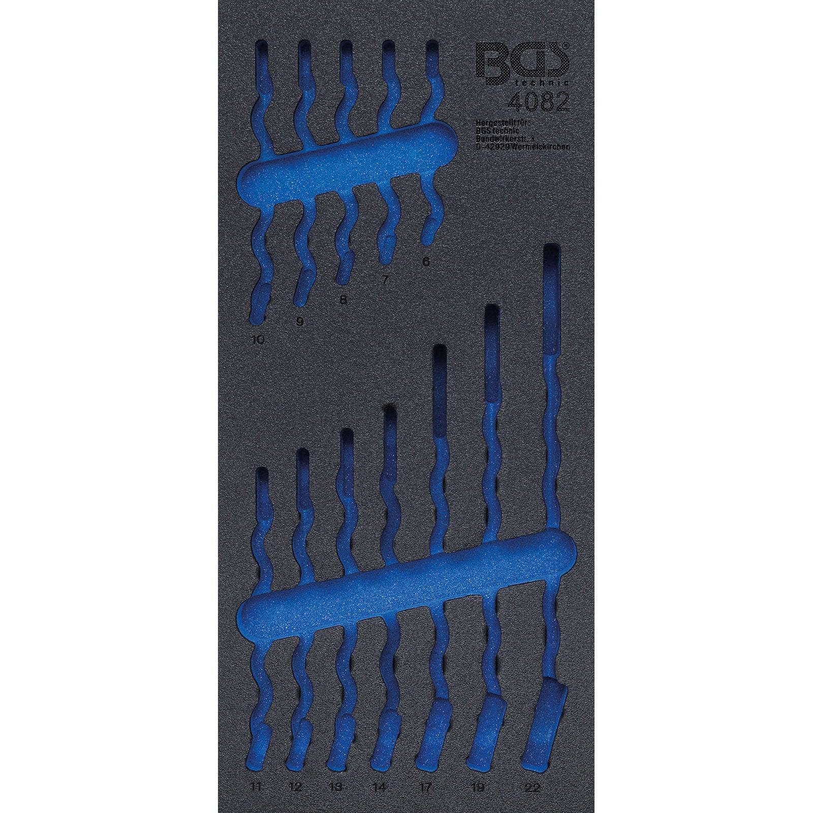 BGS 4082 Werkzeugsatz-Ablage zur Organisation von Schraubenschlüsseln, Schaumstoffeinsatz mit vorgesehenen Schlitzen. Gewährleistet, dass Schraubenschlüssel ordentlich und sicher aufbewahrt werden.