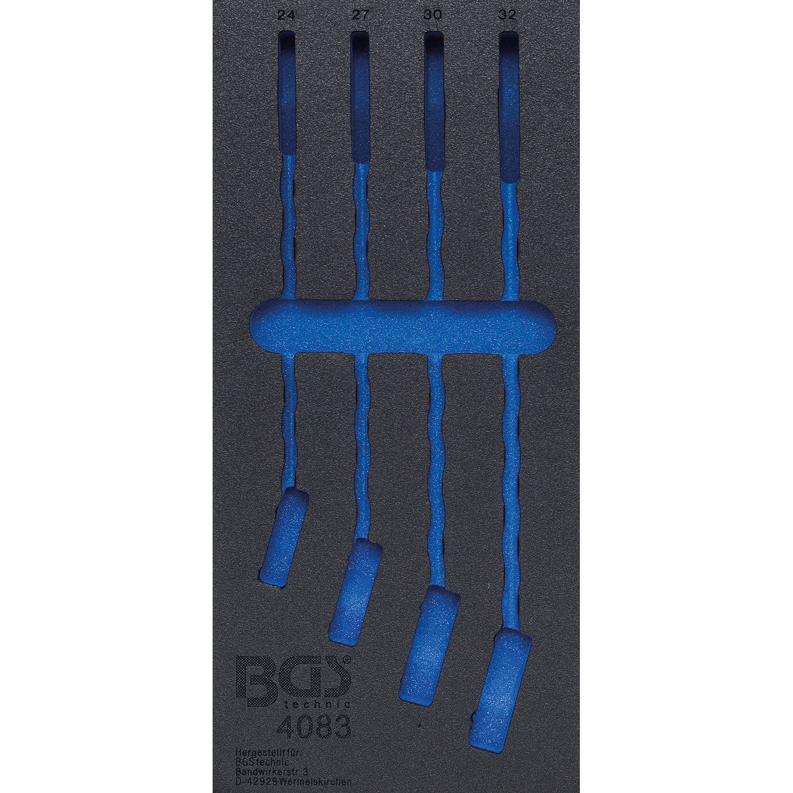 Vier blaue Werkzeuge in Schaumstoffverpackung mit den Nummern 24, 27, 30, 32 oben, gekennzeichnet mit 'BGS technic 4083'.