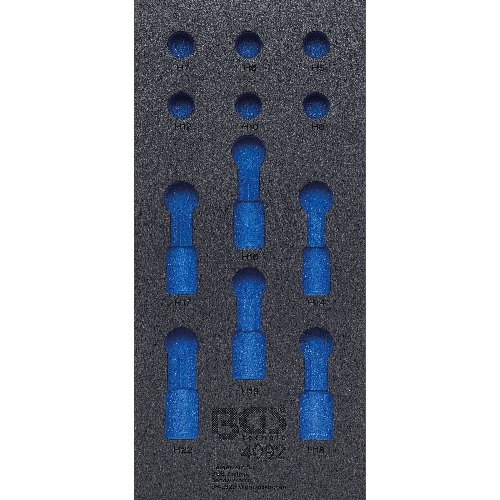 BGS technic 4092 Werkzeugschaumeinlage mit beschrifteten Schlitzen für Sechskant-Einsätze, mit Größen von H7 bis H22.