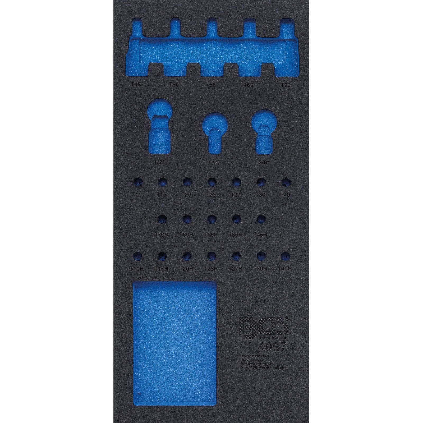 Ein Schaumstoff-Werkzeugorganizer mit verschiedenen Ausschnitten für spezifische Werkzeuge, gekennzeichnet in den Größen T45 bis T55, mit Halteräumen für 11 Werkzeuge.