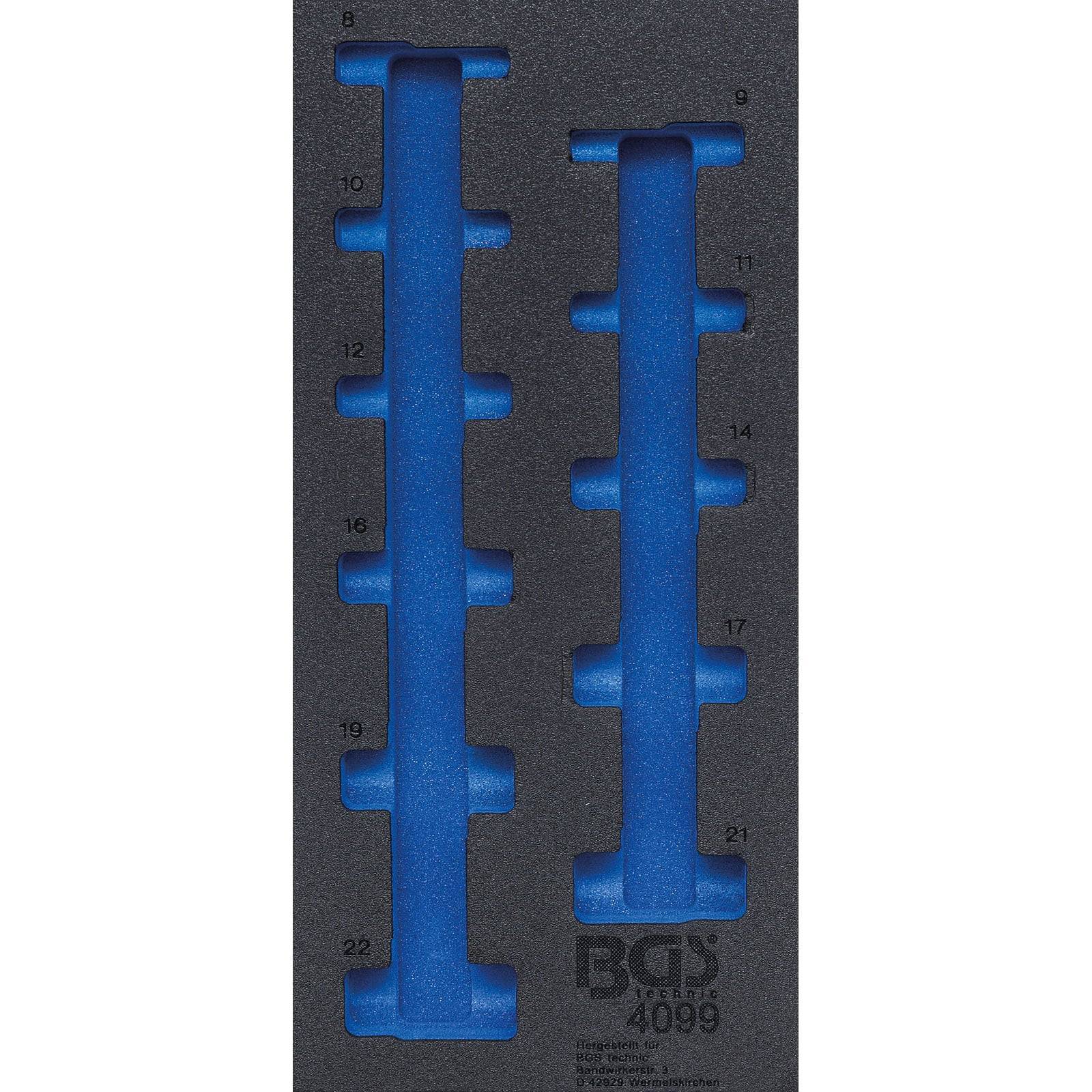 Ein schwarzes Schaumstoffablage enthält zwei blaue Werkzeuge, die vertikal ausgerichtet sind, mit beschrifteten Schlitzen, die auf der linken und rechten Seite von 1 bis 22 nummeriert sind.