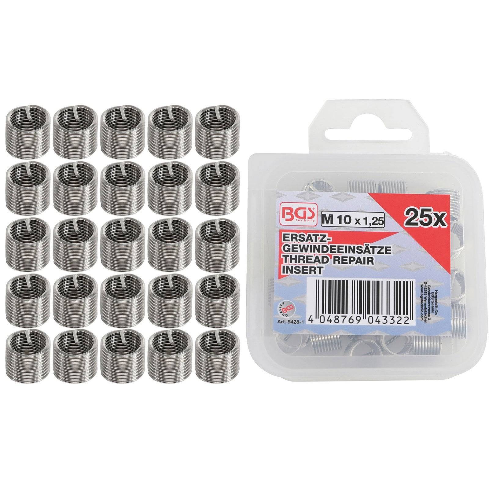 25x Gewinde-Reparatureinsatz M10 x 1,25 in Verpackung, mit 25 Metallspiraleinsätzen außen zum Reparieren von beschädigten Gewinden.