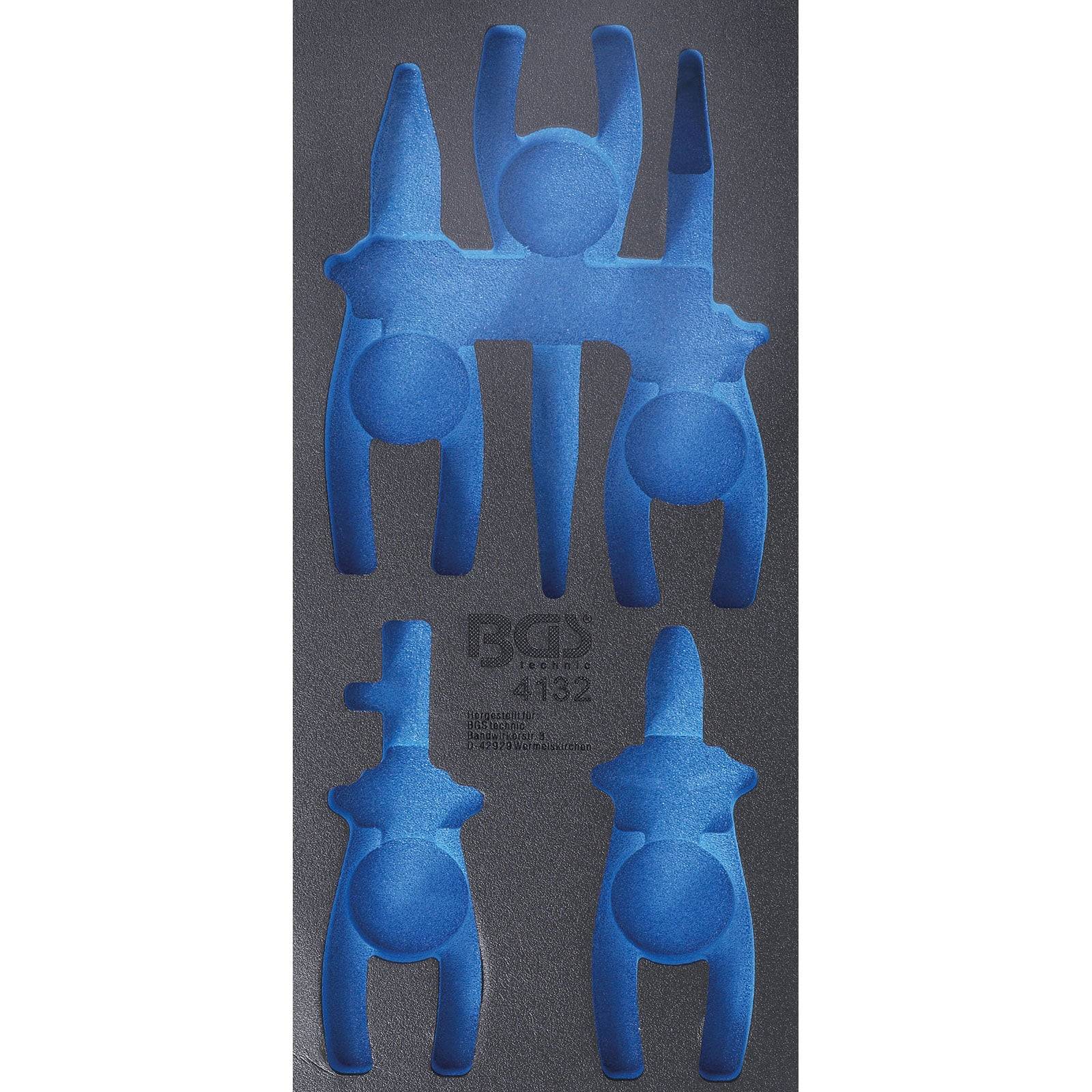 Blaue Kunststoff-Werkzeugeinlage mit Fächern für vier unterschiedlich geformte Werkzeuge, vertikal angeordnet. Modellnummer: BGS 4132.