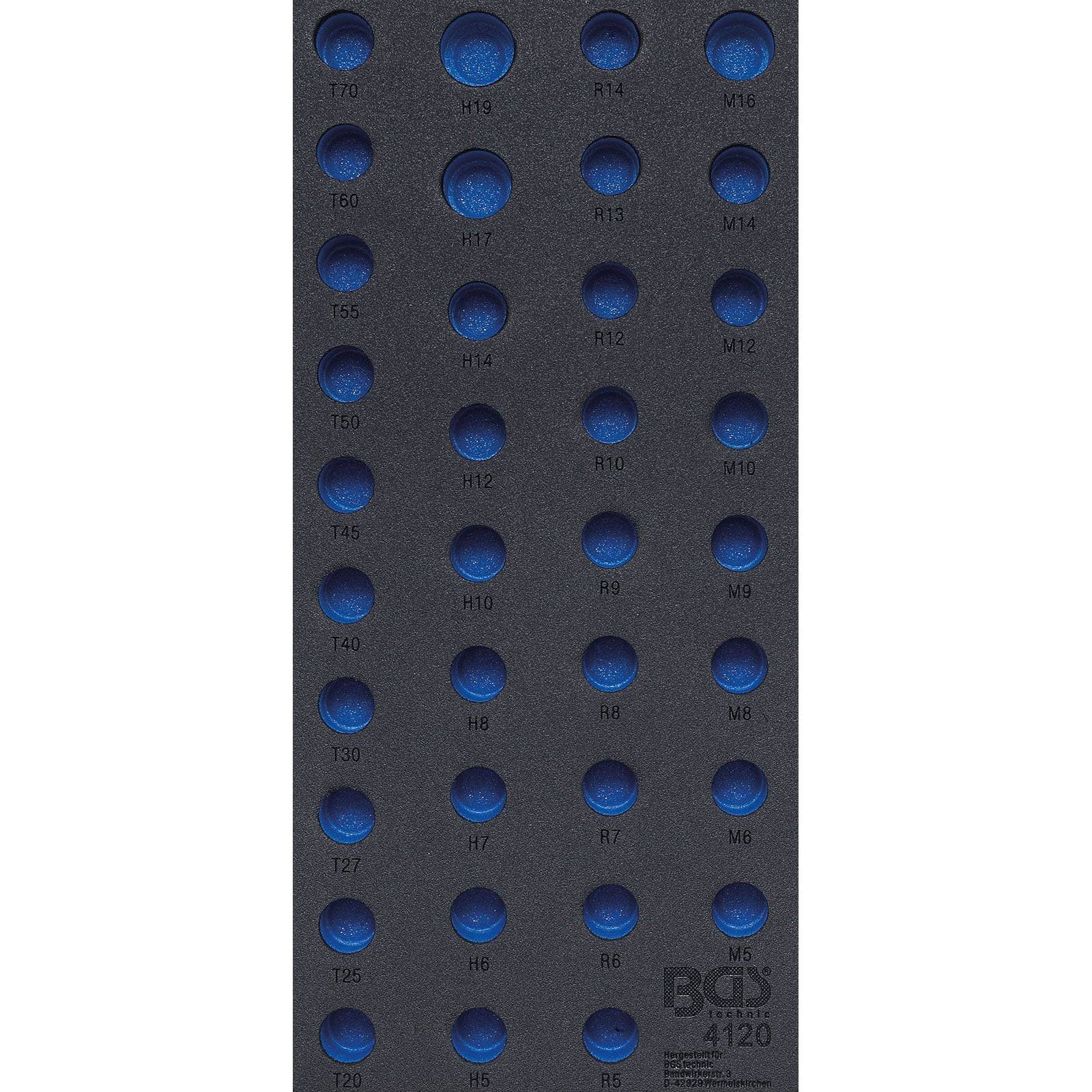 Ein Schlagbohrer-Bitset mit verschiedenen Bitgrößen, gekennzeichnet von T70 bis M5, in einem Schaumstoffeinsatz für einfache Auswahl und Aufbewahrung.