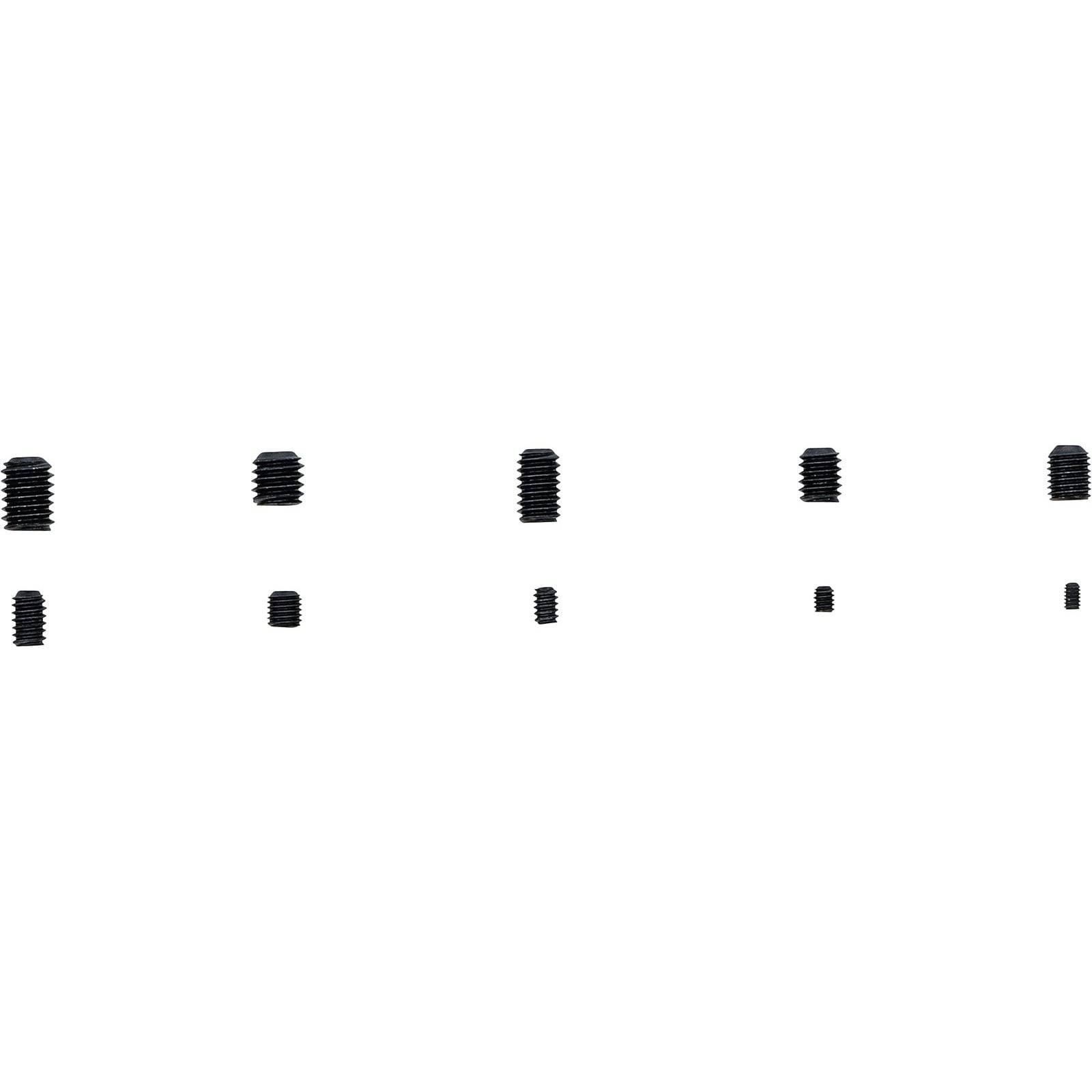 Innensechskant-Gewindestifte in verschiedenen Größen, horizontal von größten bis kleinsten angeordnet, vor einem weißen Hintergrund.