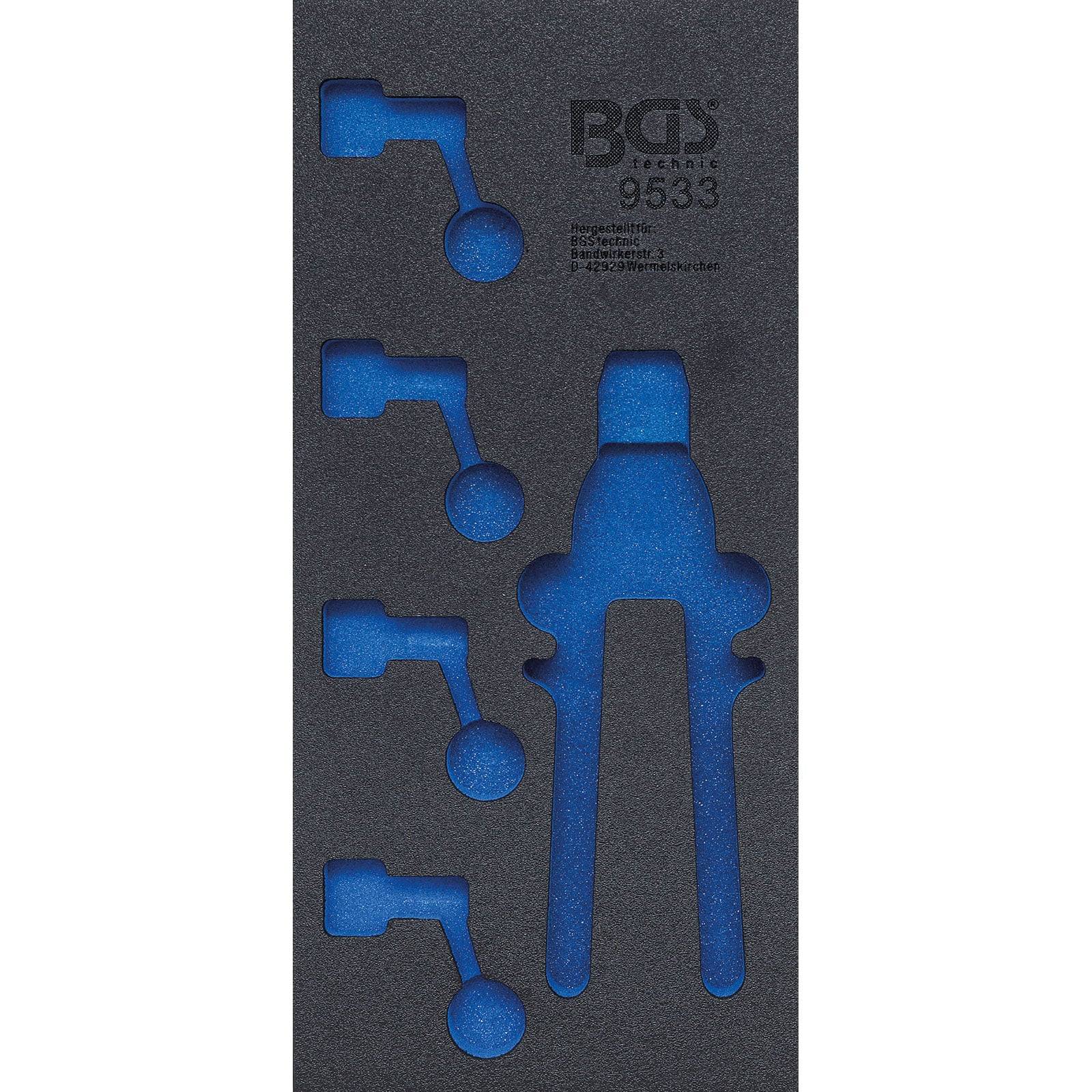 BGS 9533 Schaumstoffeinsatz zur Werkzeugspeicherung, der Umrisse für spezifische Werkzeuge, einschließlich Zangen und Zubehör, auf blauem Hintergrund zeigt.