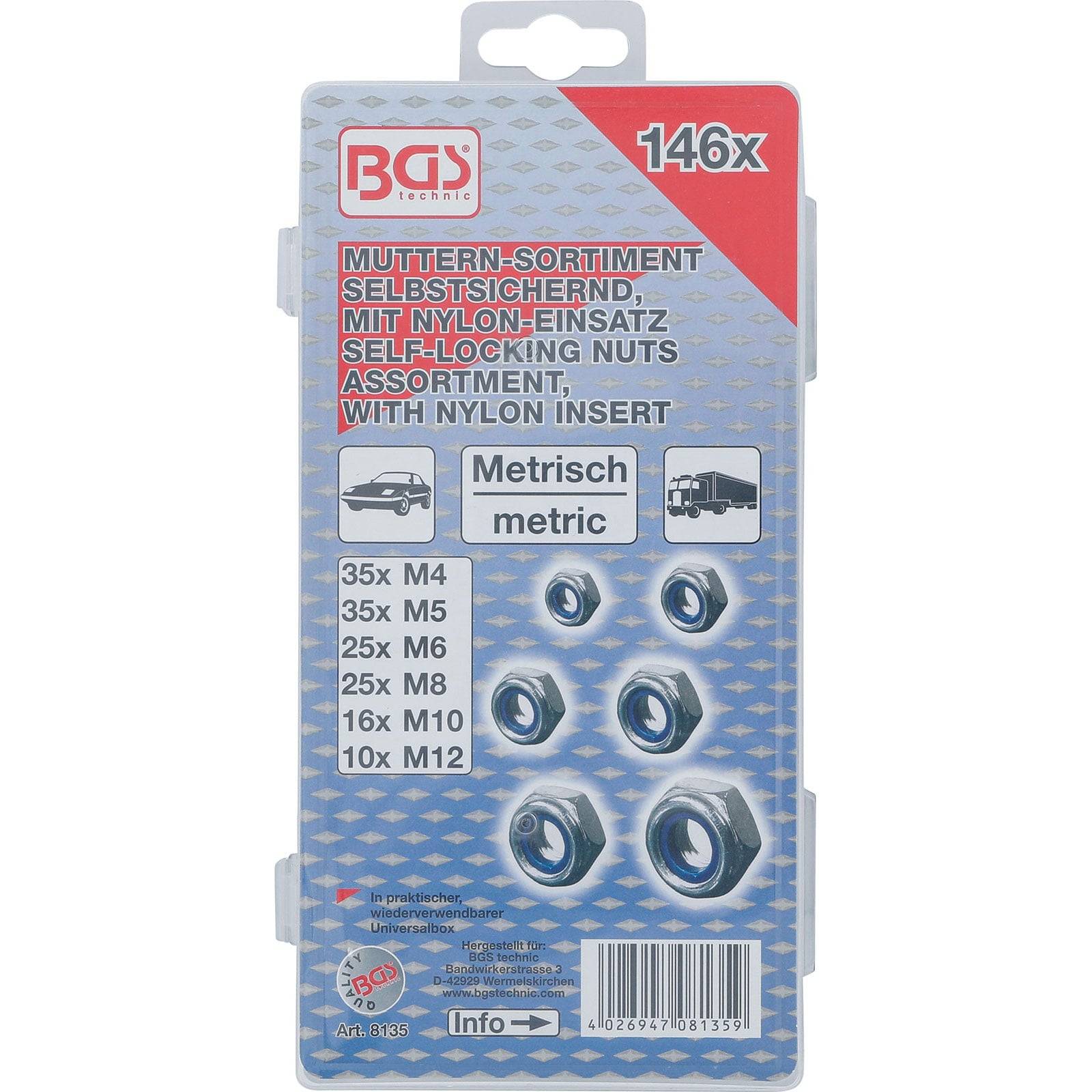 Selbstsichernde Muttern-Sortiment mit Nyloneinsatz, metrische Größen: 35x M4, 35x M5, 25x M6, 25x M8, 16x M10, 10x M12.
