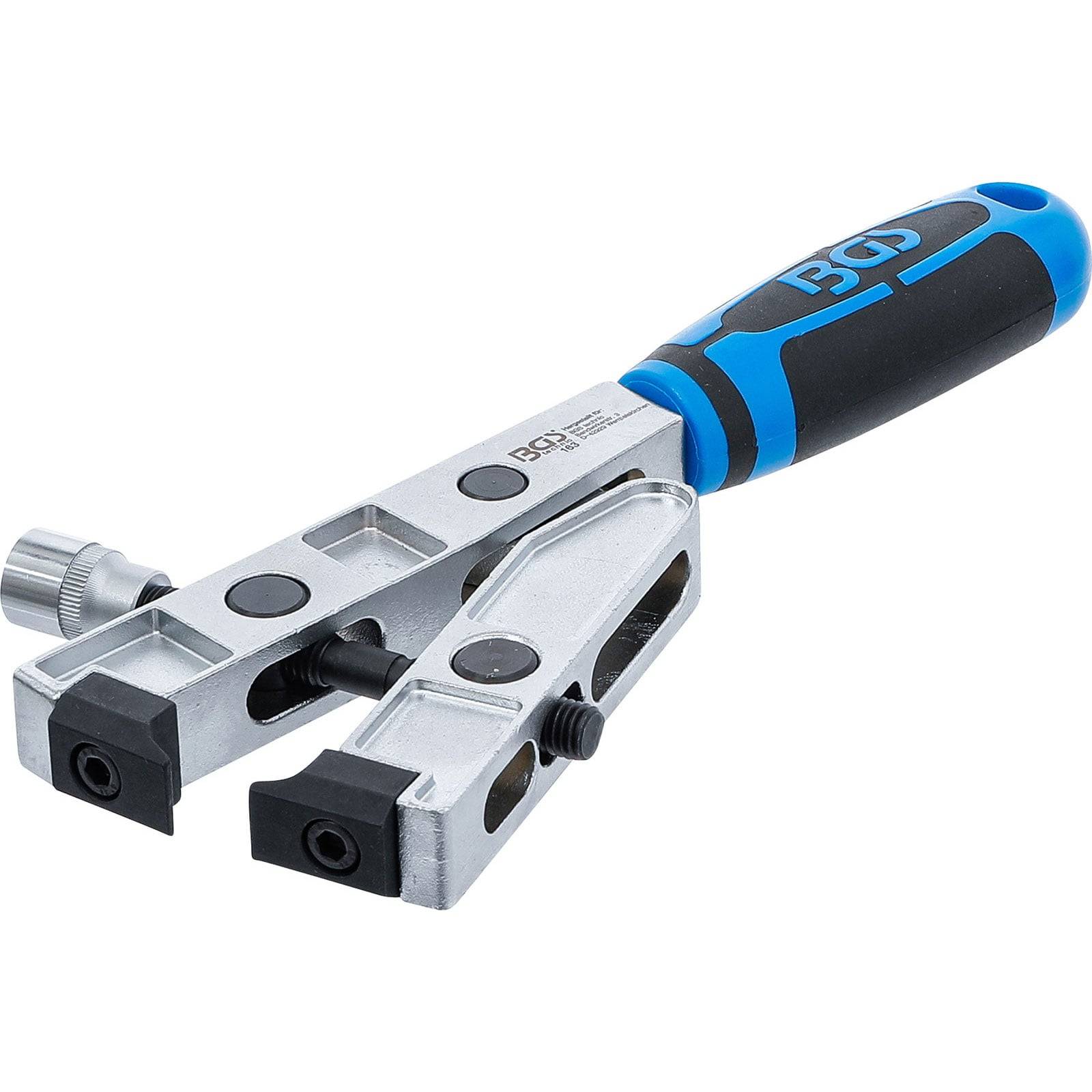 Fahrradketten-Trennwerkzeug mit einem silbernen Metallgehäuse und einem blau-schwarzen ergonomischen Griff, entwickelt zum Entfernen und Ersetzen von Fahrradketten.