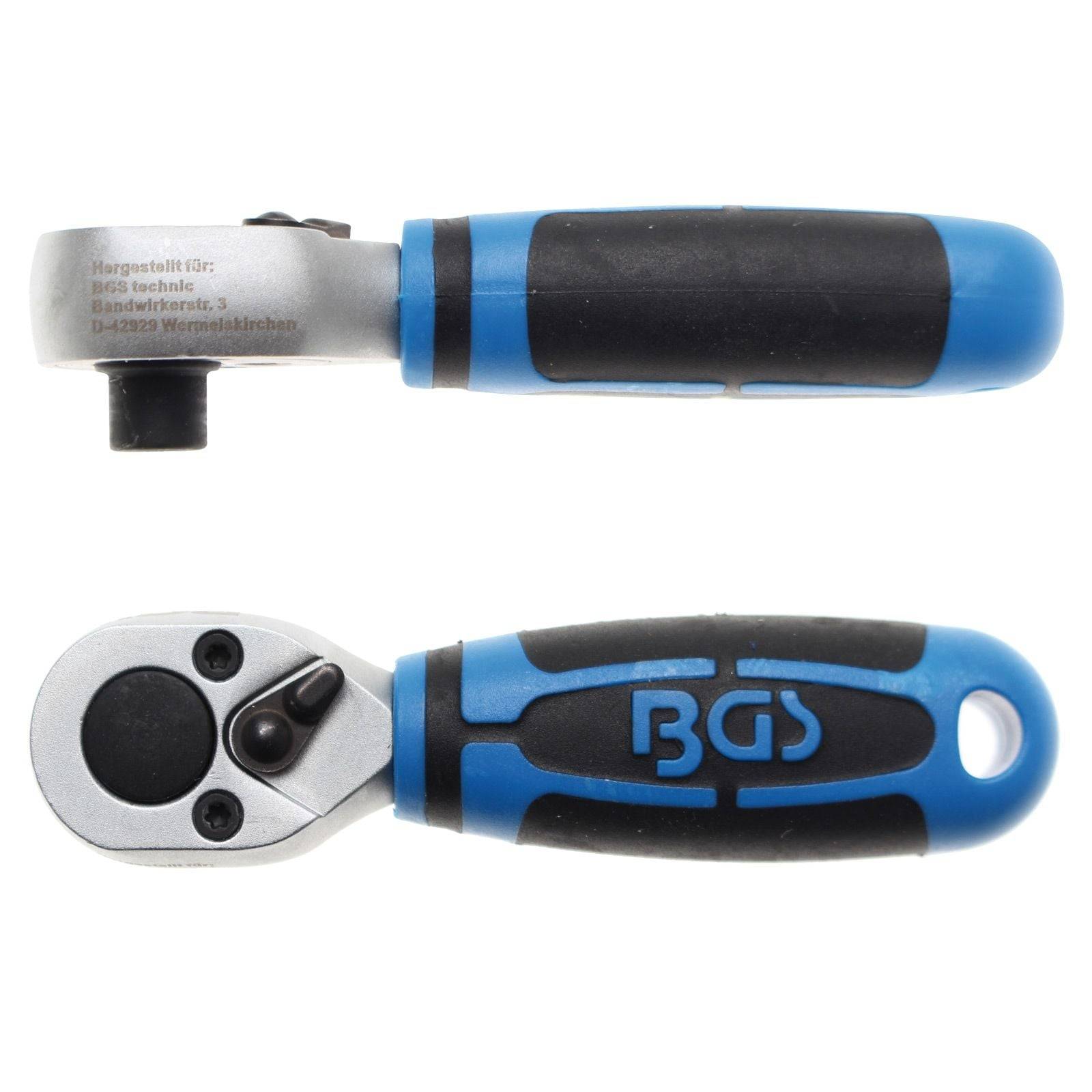 Eine blaue und schwarze Ratschenschlüssel mit dem Markenlogo 'BGS' am Griff. Das Werkzeug hat einen strukturierten Griff und eine kompakte Bauweise.