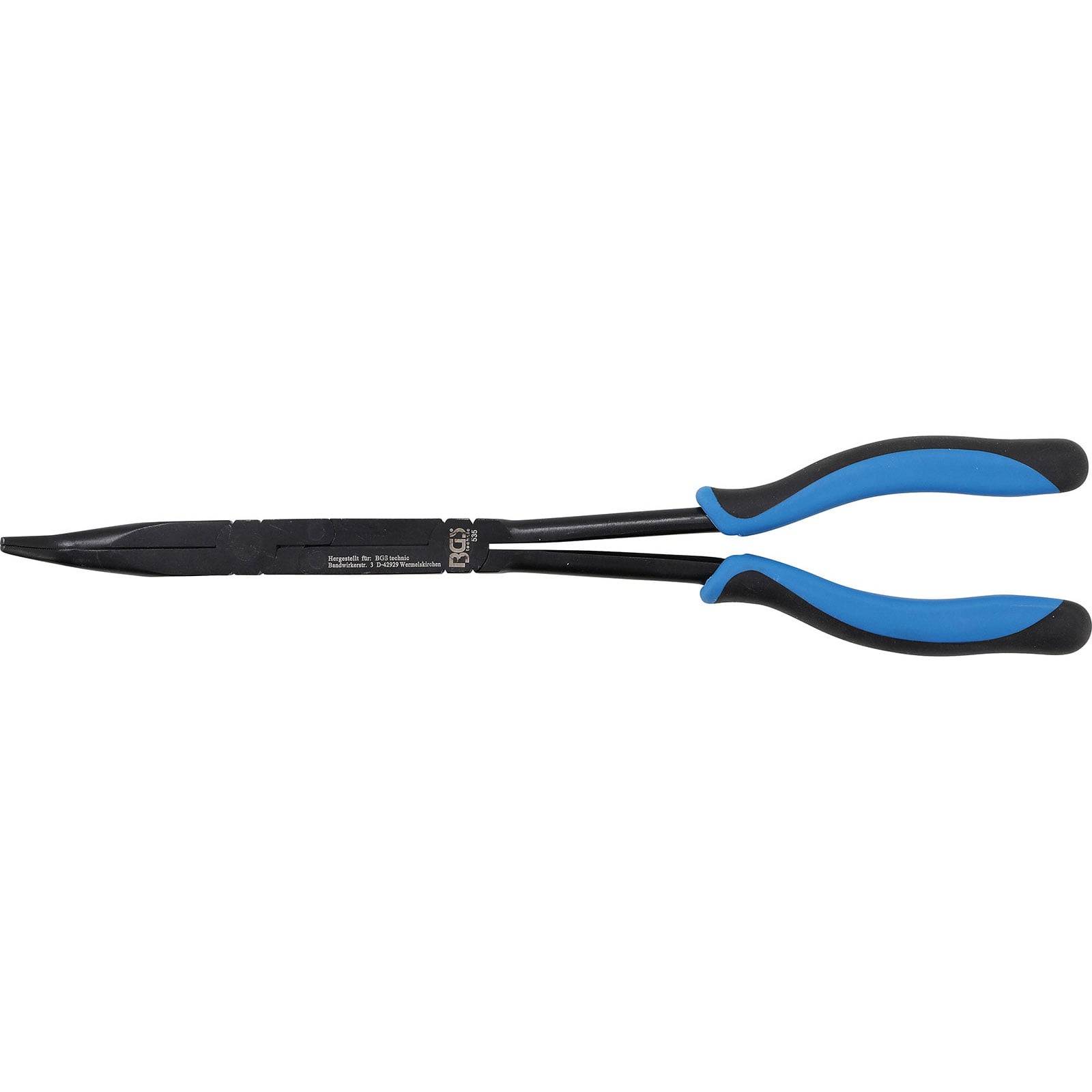 Langspitzzange mit blauen und schwarzen Griffen, entwickelt zum Greifen oder Biegen kleiner Objekte in schwer zugänglichen Bereichen.