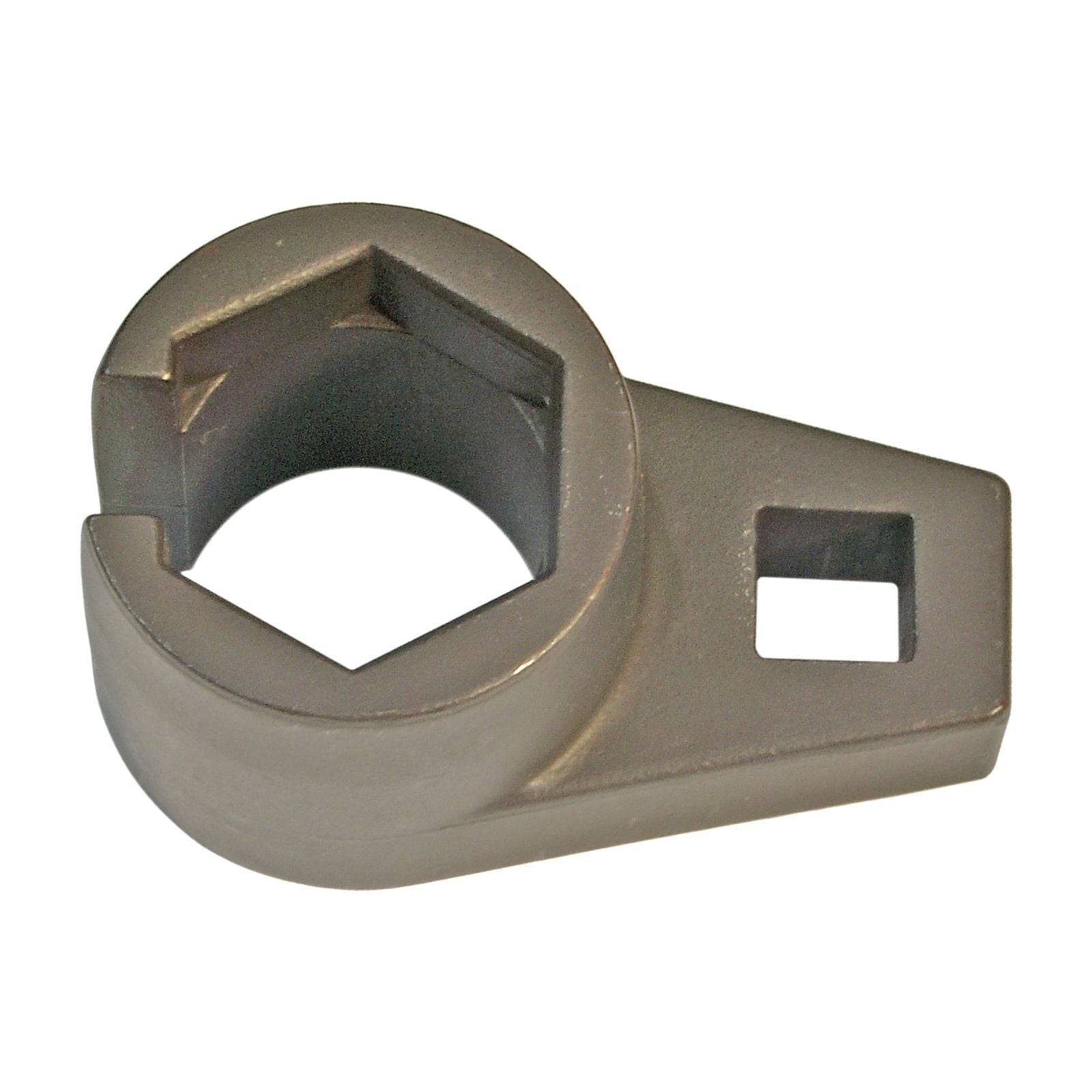 Ein metallisches, sechseckiges Steckschlüsselwerkzeug mit einem quadratischen Loch an seiner Seite, das zum Anziehen oder Lösen von Befestigungselementen entwickelt wurde.