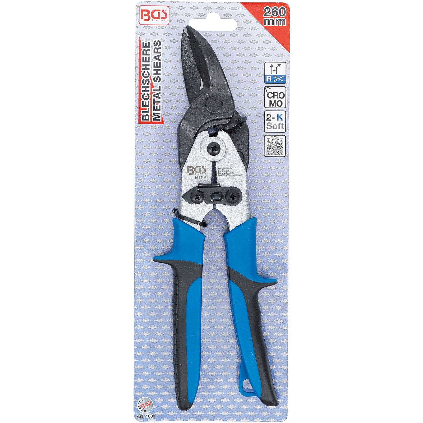 Metallscheren mit blauen und schwarzen ergonomischen Griffen, auf der Verpackung mit der Aufschrift 'Blechschere Metal Shears' und '260 mm' gekennzeichnet.